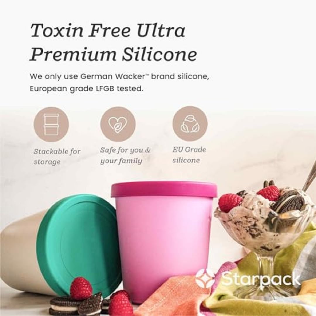 Starpack 1 Quart Reusable Ice Cream Storage Containers with Leak-Proof Silicone Lids (2-Pack) - Freezer-Safe Homemade Dessert Containers for Ice Cream, Gelato, Sorbet & Frozen Treats - Perfect for Meal Prep, Party Serving & Leftover Storage
