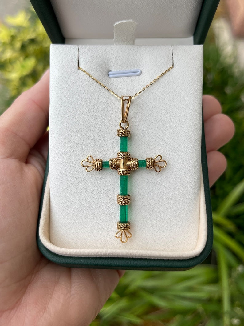 7.69tcw 18K Gold Colombian Emerald Cross Pendant - Genuine Rough Crystal Jewelry for Women - Perfect for Gifts, Weddings & Special Occasions