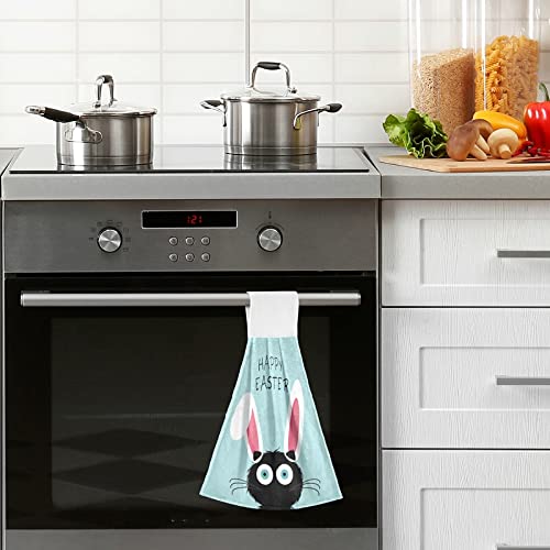Easter Cat Bunny Ears Hanging Kitchen Towel Set - 2 Pack Blue Soft Microfiber Hand Towels with Loop for Bathroom, Oven & Kitchen Decor | Absorbent Washcloth for Easter, Spring & Home Decor