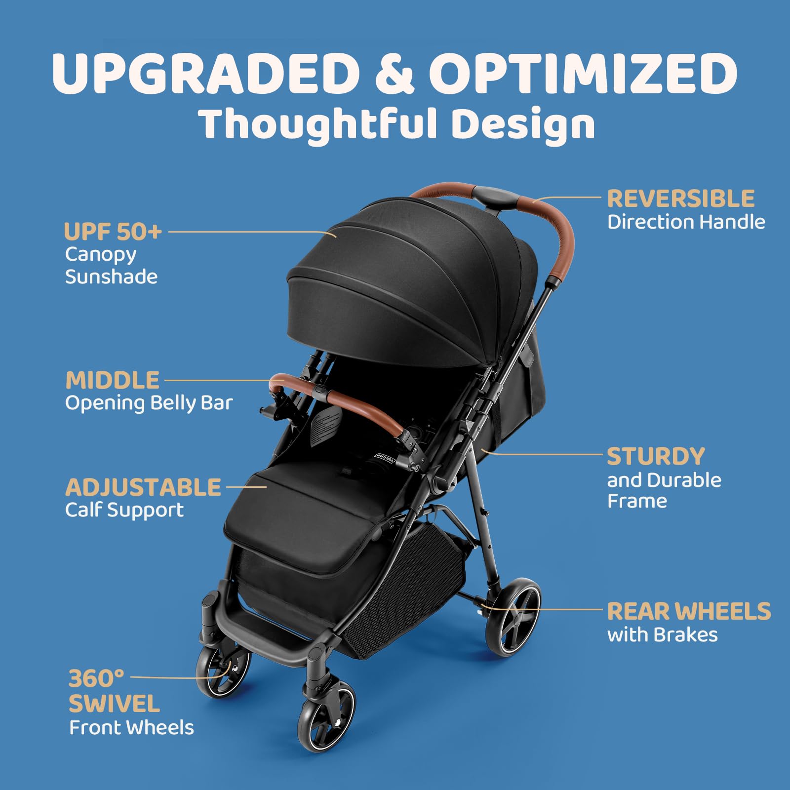 HARPPA Hugglo 2.0 Convertible Baby Stroller - Lightweight Travel Stroller for Infants & Toddlers 0-36 Months with Reversible Handle & UPF 50+ Sun Protection (Black) | Perfect for Shopping, Travel & Daily Walks