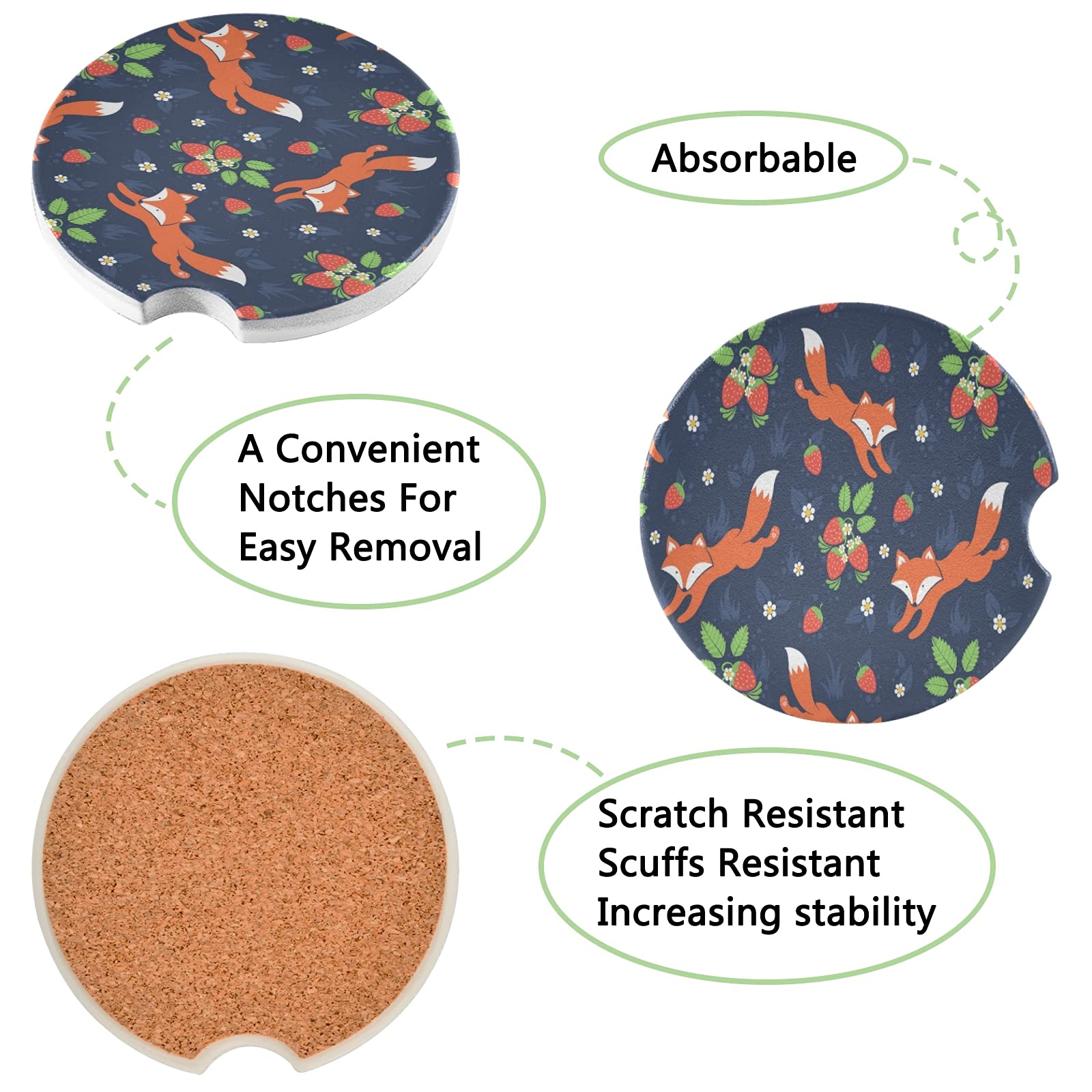 2 Pack Absorbent Fox and Strawberry Ceramic Car Coasters with Fingertip Grip, 2.5 Inch Cup Holder Coasters for Car, Perfect for Coffee, Tea, and Cold Drinks