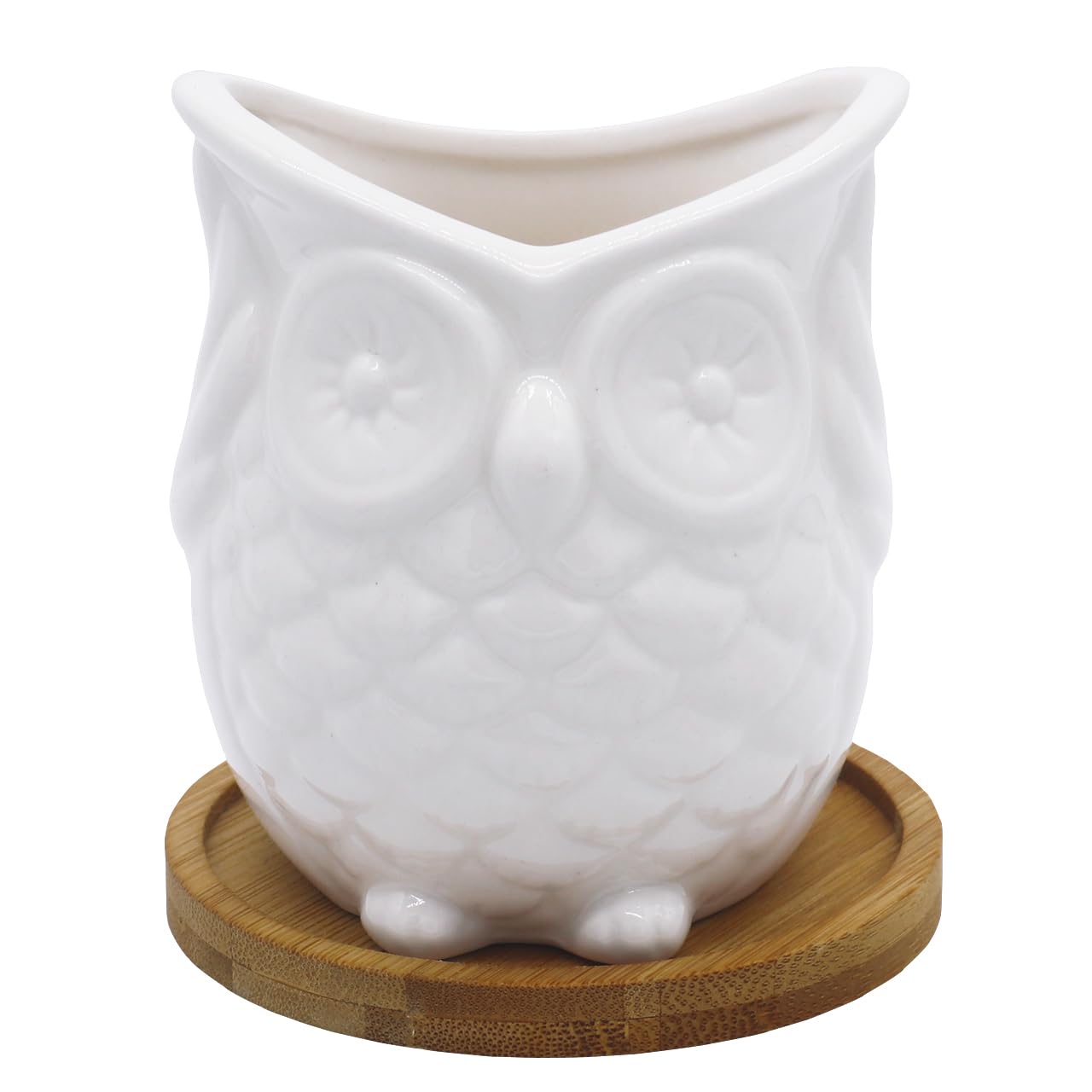 Small White Ceramic Owl Succulent Planter with Drainage Tray - Cute Indoor Air Plant Holder for Cactus & Flowers | Perfect for Home Office Desk Decor, Windowsill Garden, and Gift Ideas