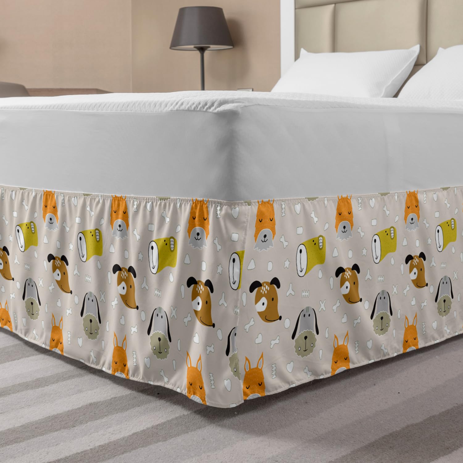 Ambesonne Cartoon Dog Bed Skirt - Colorful Dog Faces on Bones Print, Elastic Wrap Around Dust Ruffle for King Size Beds | Perfect for Kids' Rooms & Pet-Themed Bedroom Decor