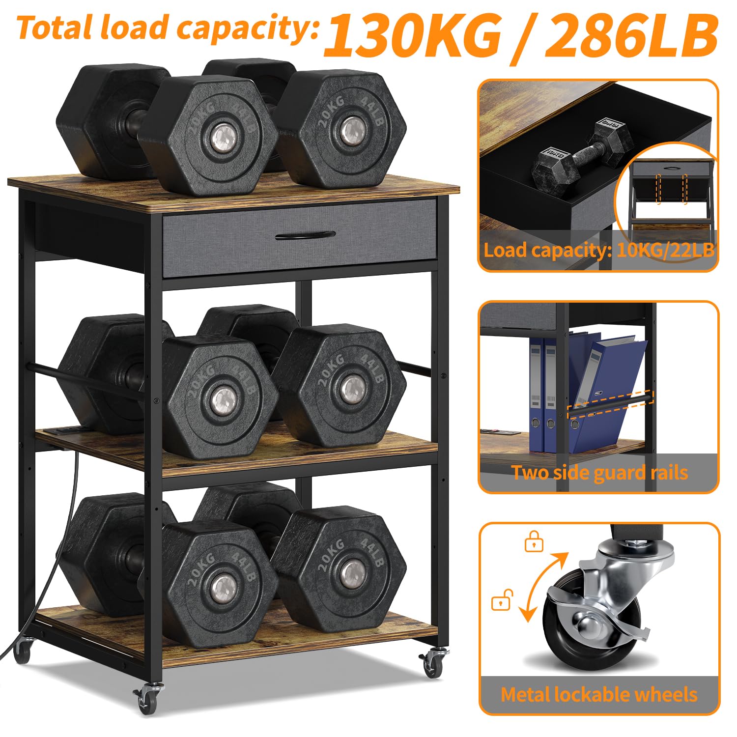 3-Tier Adjustable Printer Stand with Drawers, Wheels & Power Outlets - Large Rolling Printer Cart with USB Ports & Storage Shelf for Home Office Organization - Perfect for Laser/Inkjet Printers, Scanners & Office Equipment (Brown)