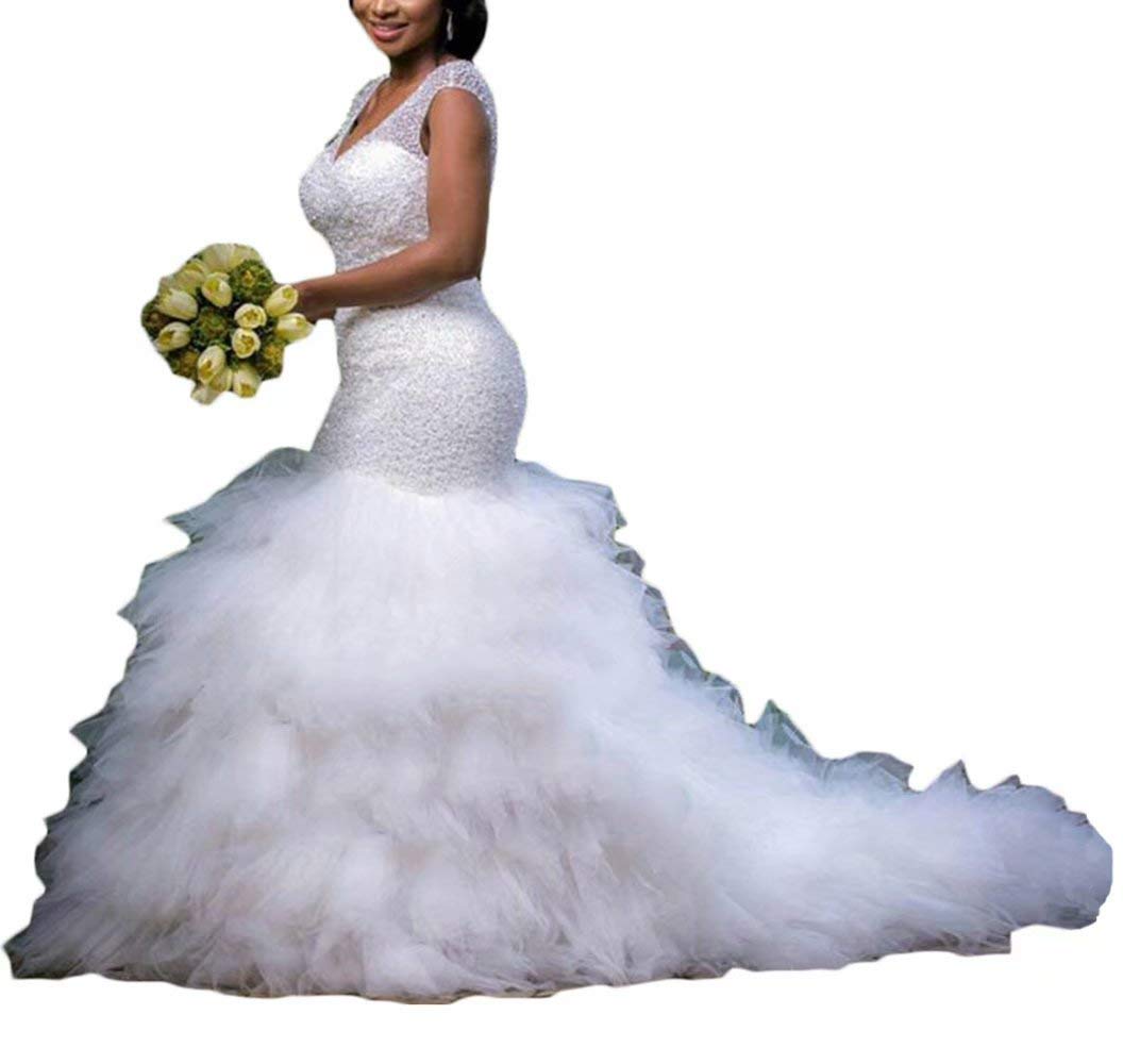 Elegant Beaded Mermaid Wedding Dress with Cathedral Train – Perfect for Brides & Formal Occasions