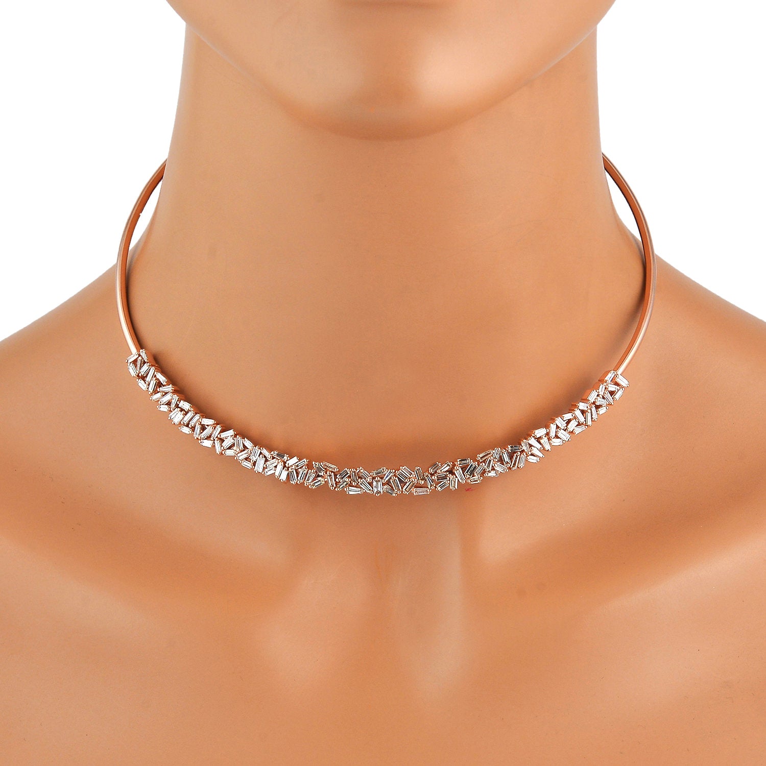 18K Rose Gold Baguette Diamond Cuff Necklace - Handmade Solid Gold Jewelry for Women - Perfect Gift for Anniversary, Wedding & Special Occasions