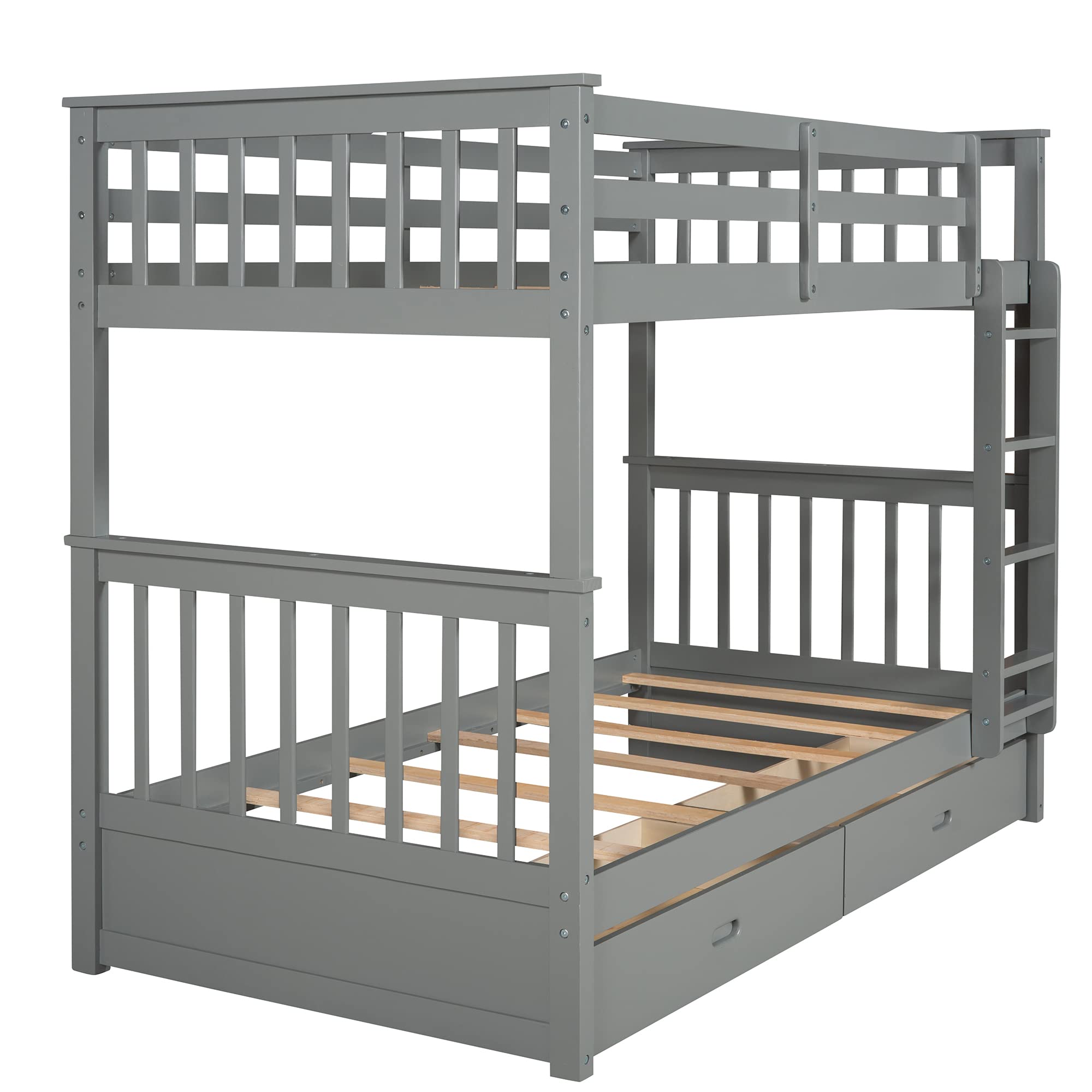 Twin Over Twin Bunk Bed with 2 Storage Drawers - Solid Wood Bunk Bed with Guardrail & Built-in Ladder - No Box Spring Needed - Space-Saving Kids, Teens & Adults Bunk Bed (Gray) - Perfect for Small Bedrooms, Guest Rooms & Dormitories