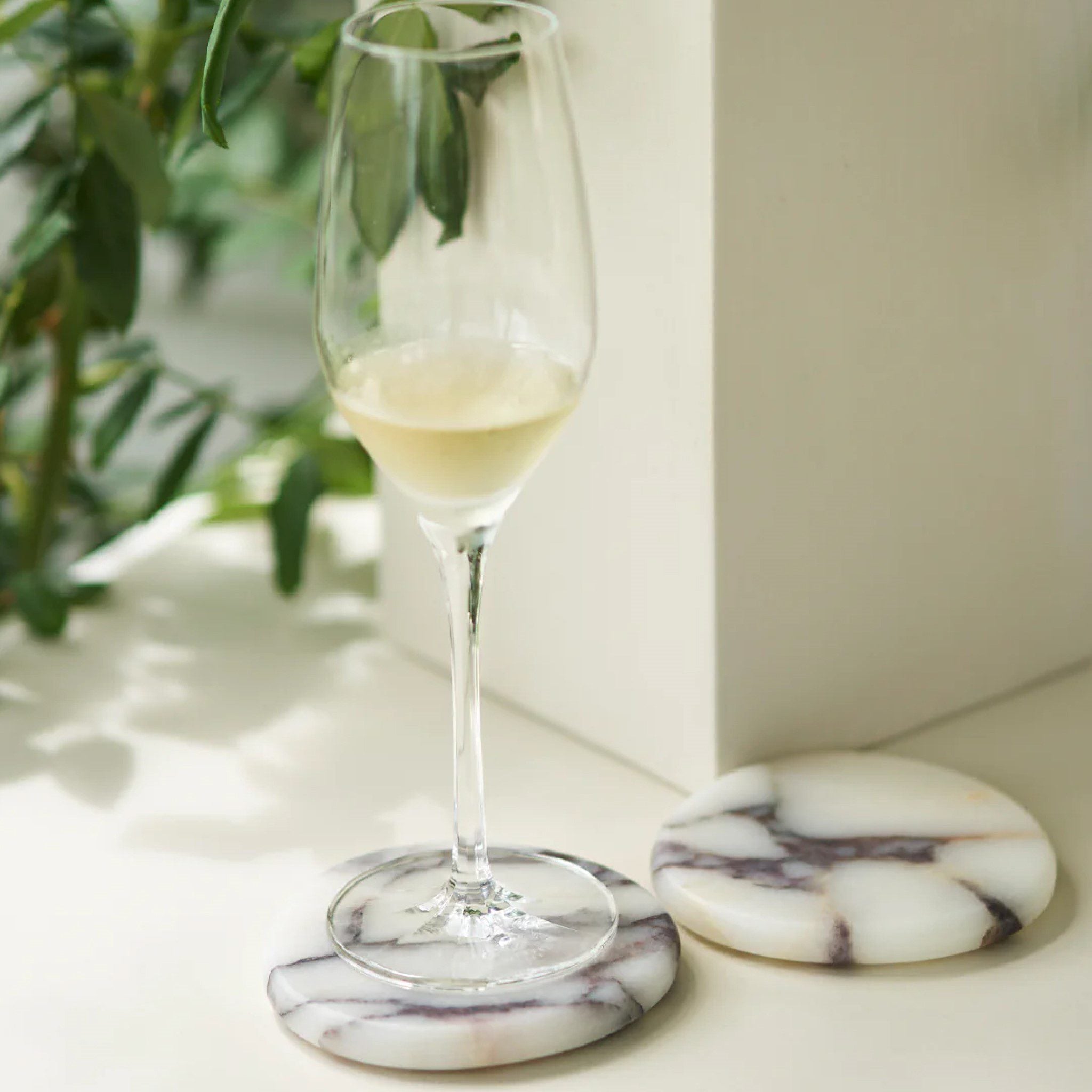Premium BLACK BLAZE Stone Coasters Set of 2 - Calacatta Viola Marble Drink Coasters for Wine, Coffee & Cocktails - Elegant Home Bar & Dining Table Accessories