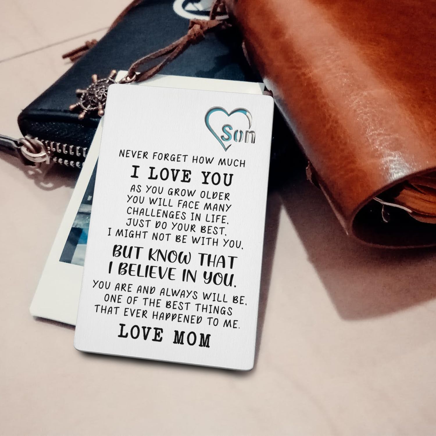TRCENDE Engraved Metal Card for Son - Inspirational Gift from Mom for Graduation, Birthday & Christmas