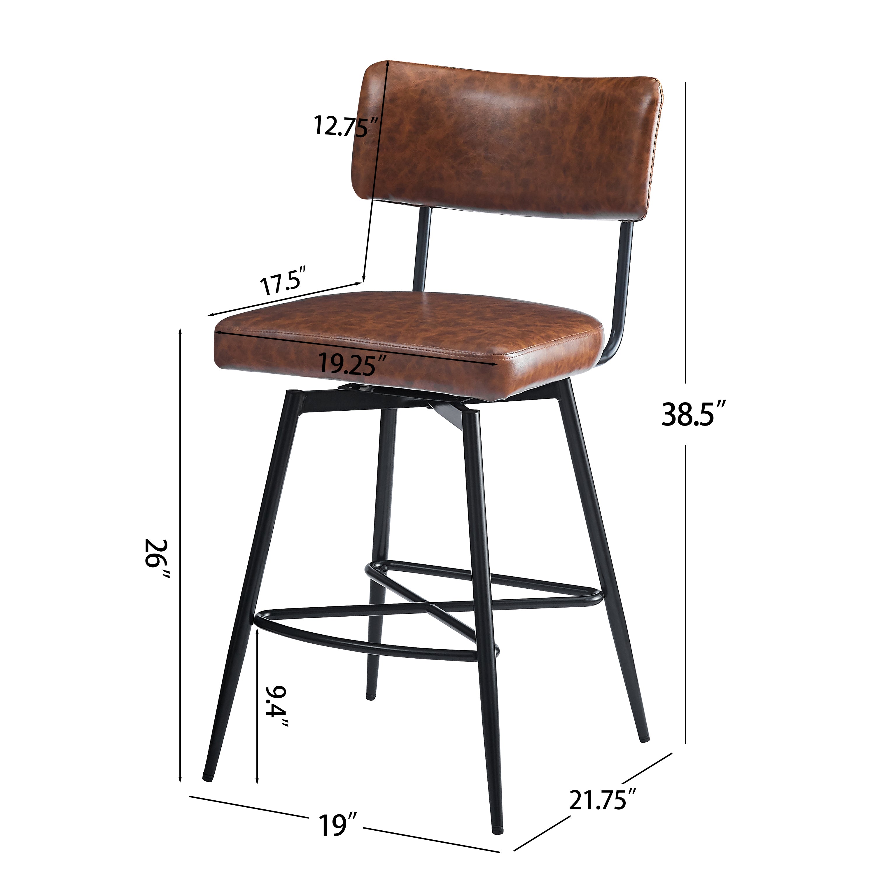 26'' Retro Swivel Counter Stools Set of 2 - Iron Frame & PU Cushioned Bar Stools for Kitchen Island, Breakfast Nook or Home Bar - Vintage Style Adjustable Height Stools