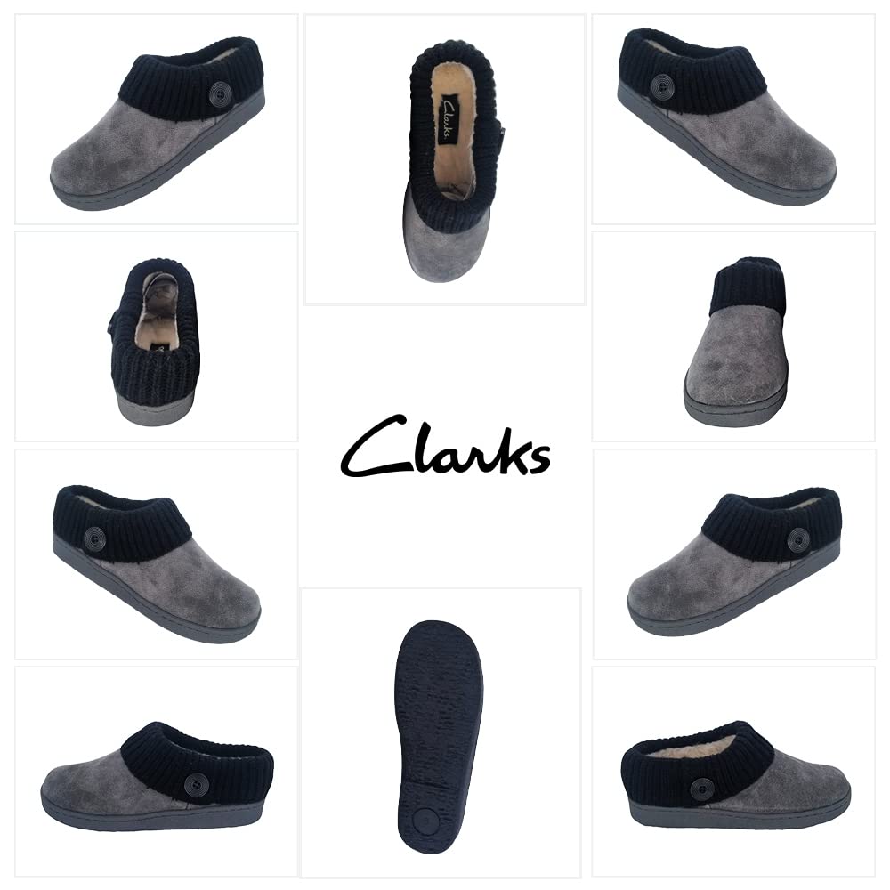 Clarks Women's Suede Leather Comfort Clog Slippers with Knitted Collar & Plush Faux Fur Trim - Indoor Outdoor House Shoes for Women - Grey/Black Size 8M - Perfect for Relaxing at Home, Running Errands & Cozy Winter Wear