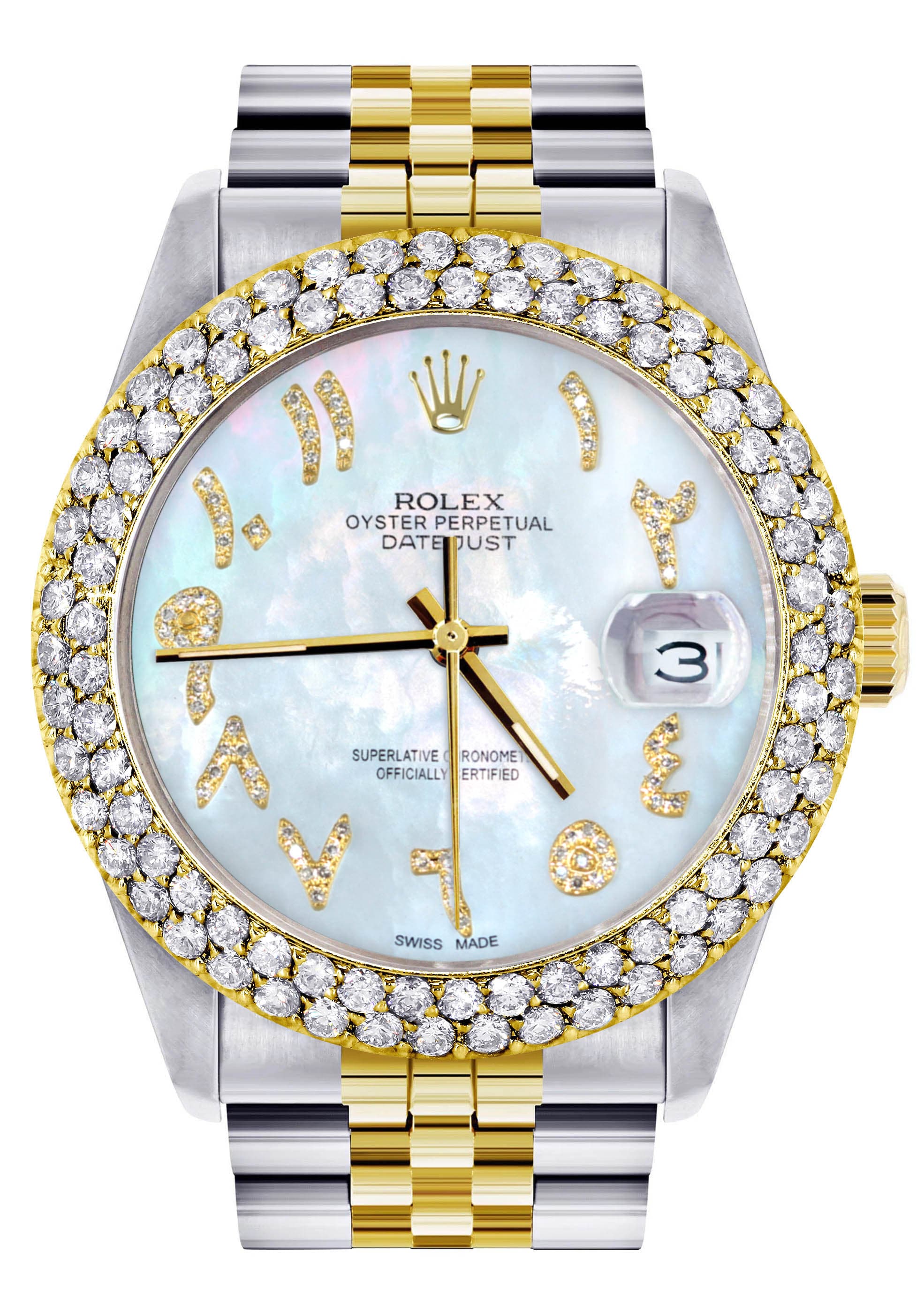 Luxury Diamond Gold Rolex Watch For Men 16233 | 36mm Mother of Pearl Arabic Diamond Dial | 4.25 Carat Two Row Bezel | Jubilee Bracelet | Perfect for Business, Formal Events & Luxury Gifts