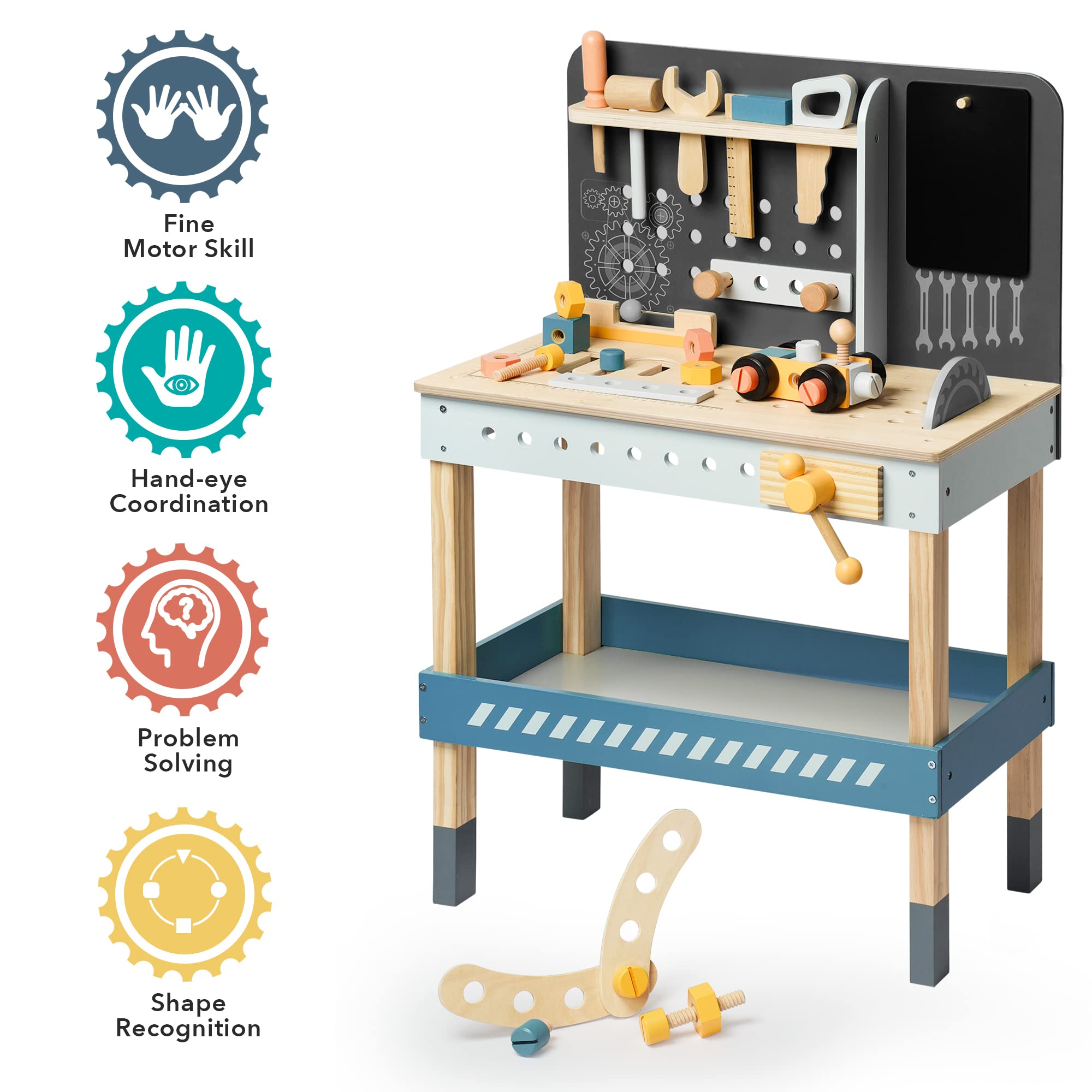 ROBOTIME Wooden Kids Tool Bench Set with Realistic Tools & Electric Drill - Pretend Play Workbench for Toddlers Ages 3-5 - STEM Learning Toy for Boys & Girls (Blue) - Perfect for DIY Pretend Play, Early Childhood Development & Birthday Gifts