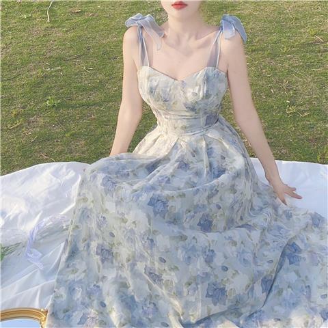 Elegant French Style Spaghetti Strap Floral Print Sweetheart Neckline Long Summer Dress for Women | Beach Wedding, Vacation, Date Night Outfit