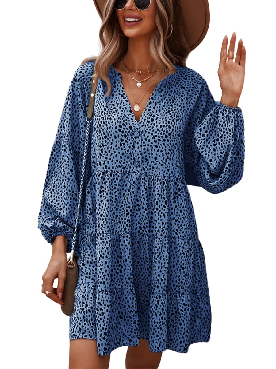 MOPOOGOSS Women's Floral Print V-Neck Loose Swing Mini Dress - Summer Spring Casual Tunic for Beach, Vacation & Outdoor Activities