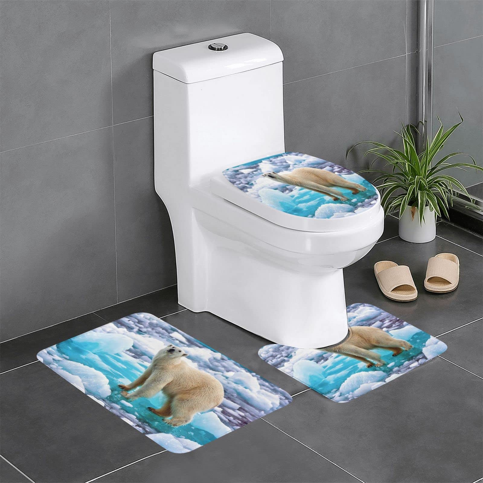 Premium 3-Piece Bear Bathroom Rug Set - Super Soft Microfiber Shower Mat & U-Shaped Toilet Lid Cover - Non-Slip Bath Mats for Tub, Shower & Bathroom Decor - Perfect for Kids & Cozy Home Bathrooms