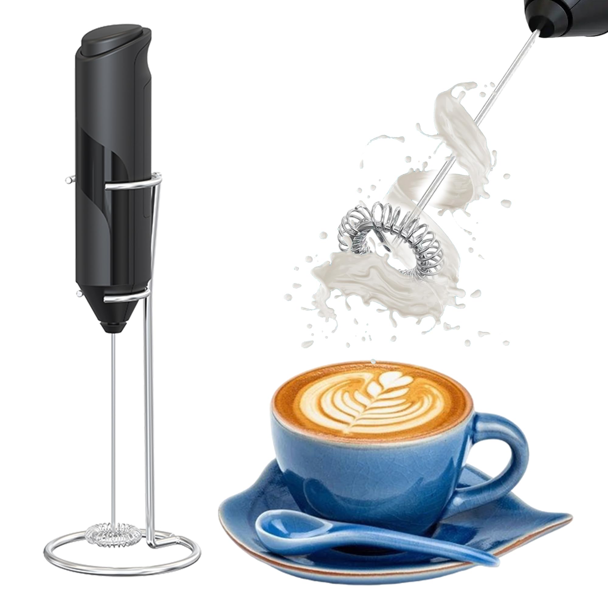 Electric Milk Frother Wand with Stand - Battery Operated Handheld Drink Mixer for Coffee, Latte & Cappuccino - Perfect for Home, Office & Cafe Use