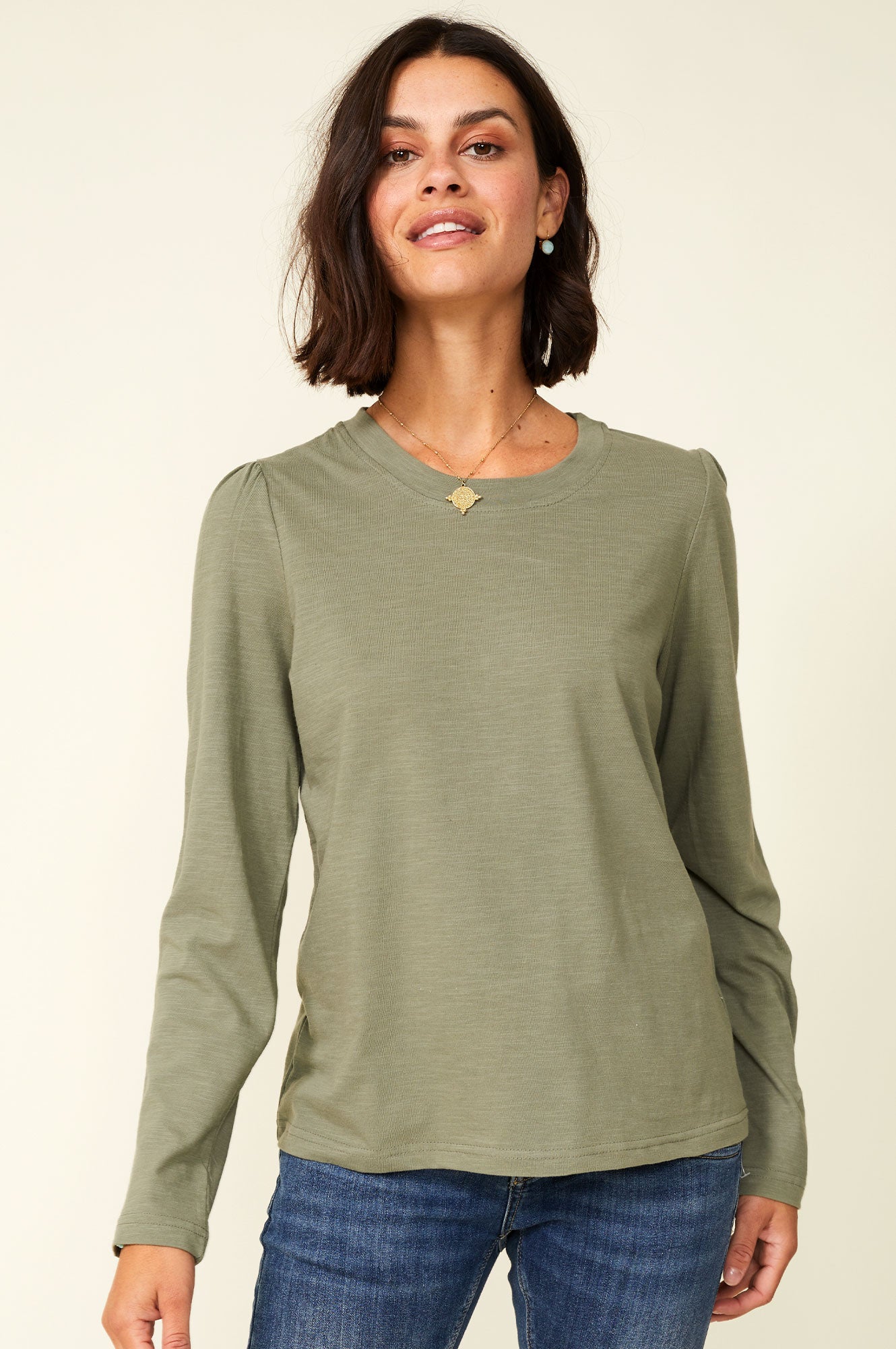 Long Sleeve Puff Shoulder T-Shirt for Women - Khaki Casual Top | Perfect for Fall Outfits, Date Nights & Office Wear