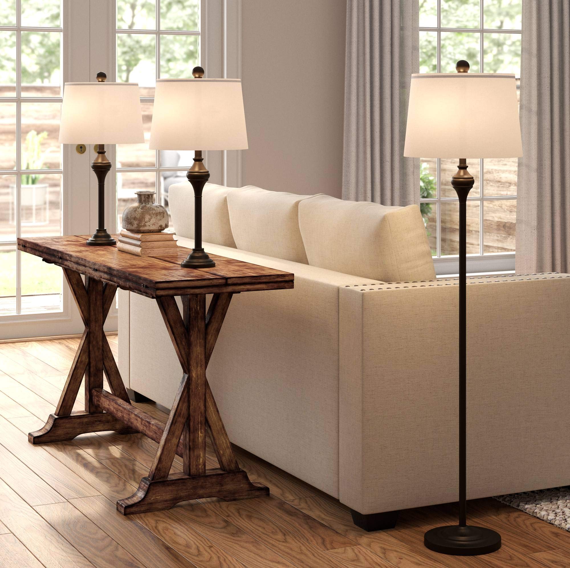 Barnes and Ivy Mason Traditional 3-Piece Table & Floor Lamp Set - Dark Bronze Metal with Oatmeal Drum Shade - Perfect for Living Room, Bedroom, Home Office, Nightstand, Entryway - Elegant Lighting for Reading & Decor