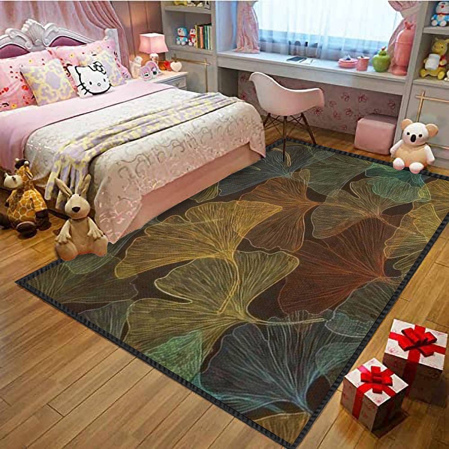 Autumn Ginkgo Leaves Abstract Non-Slip Area Rug - Modern Dark Leaves Skeleton Design Seamless Soft Floor Carpet for Living Room, Bedroom, Kids Room | Indoor/Outdoor Use | Perfect for Fall Home Decor & Cozy Spaces