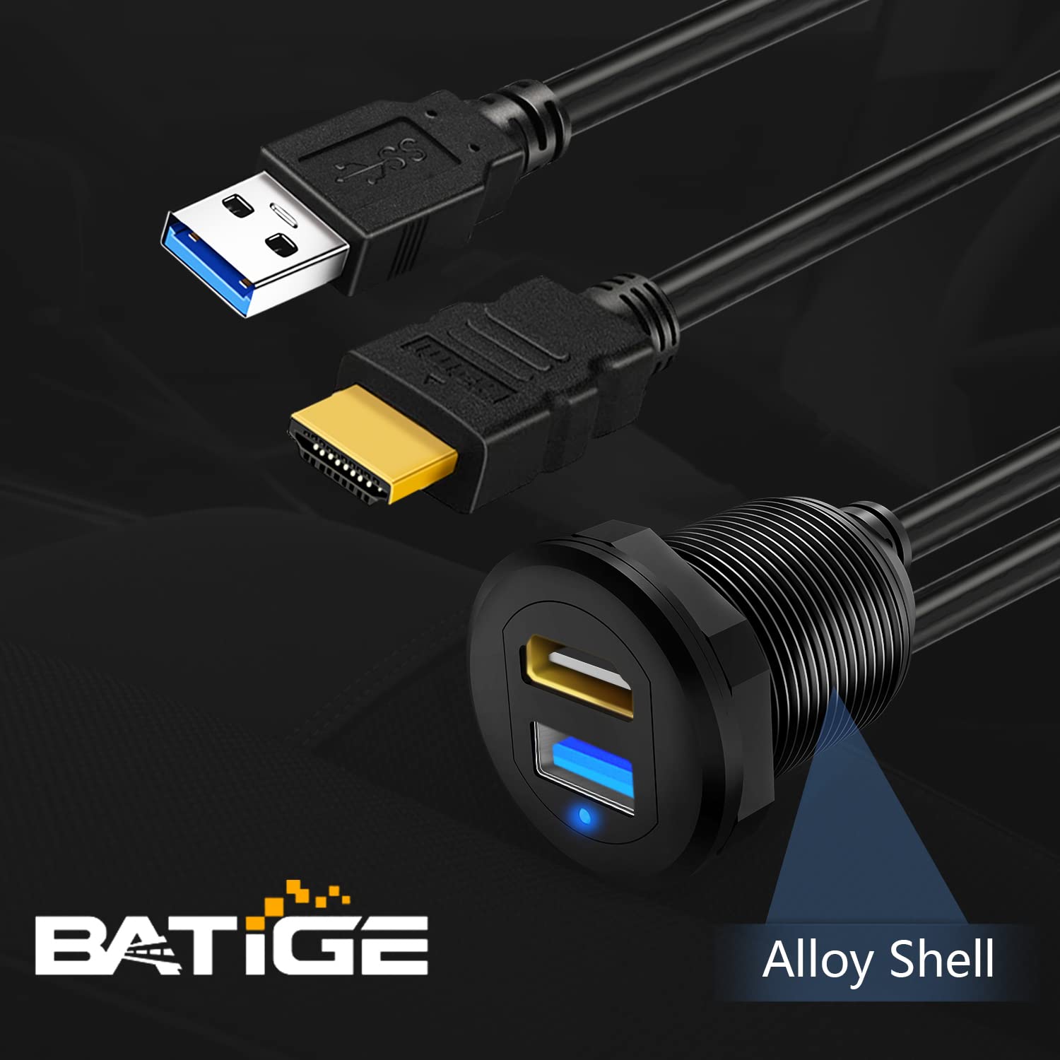 BATIGE USB 3.0 HDMI Car Mount Flush Port Cable - Alloy Shell HDMI USB 3.0 Dash Panel Extension with LED Indicator for Car, Boat, Motorcycle (3ft) - Perfect for In-Vehicle Entertainment & Navigation Systems