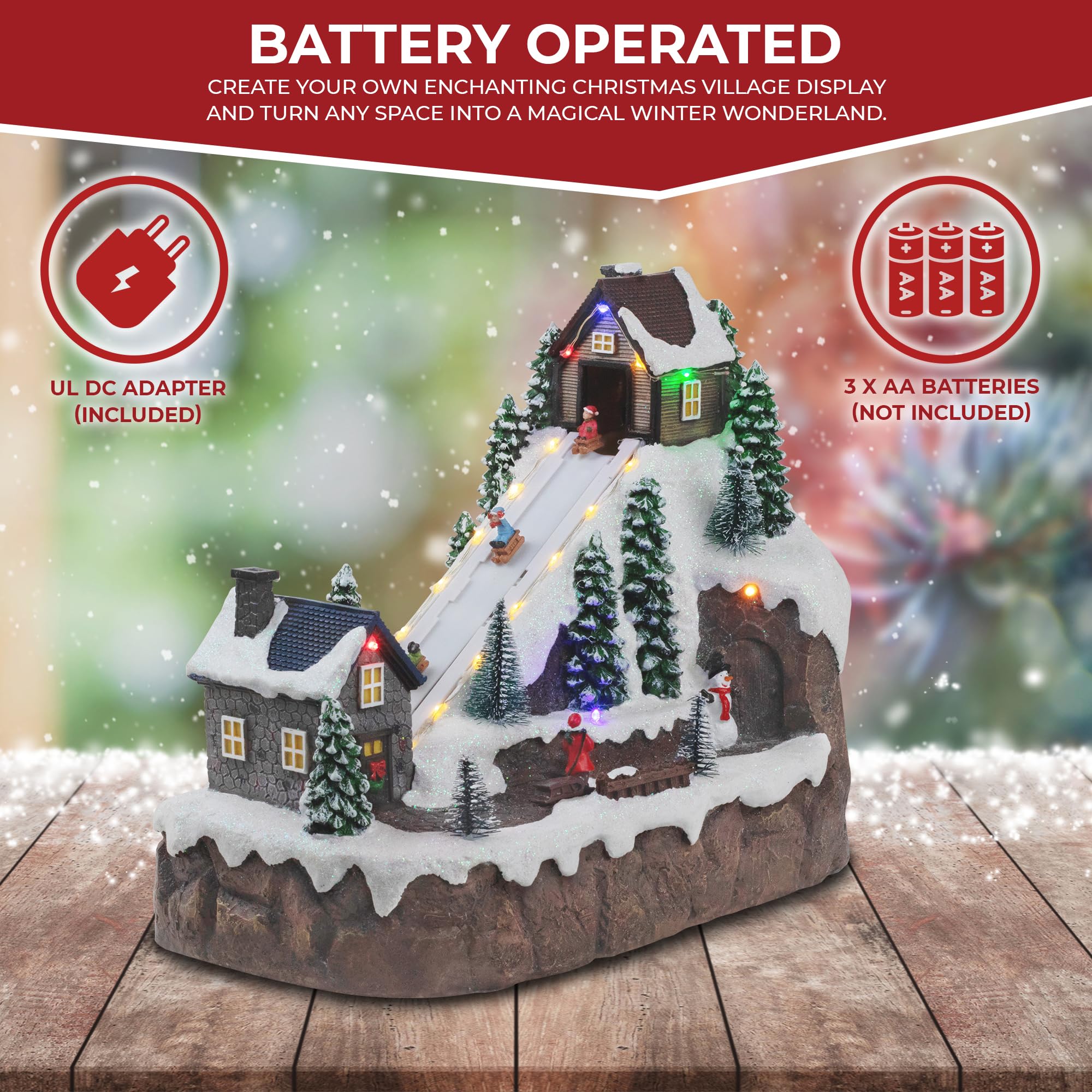 Christmas Village Sledding Down Hill - Musical Lighted Snow Village Set with 8 Animated Kids Figures | Winter Wonderland Holiday Home Decor for Mantel, Tabletop & Christmas Display