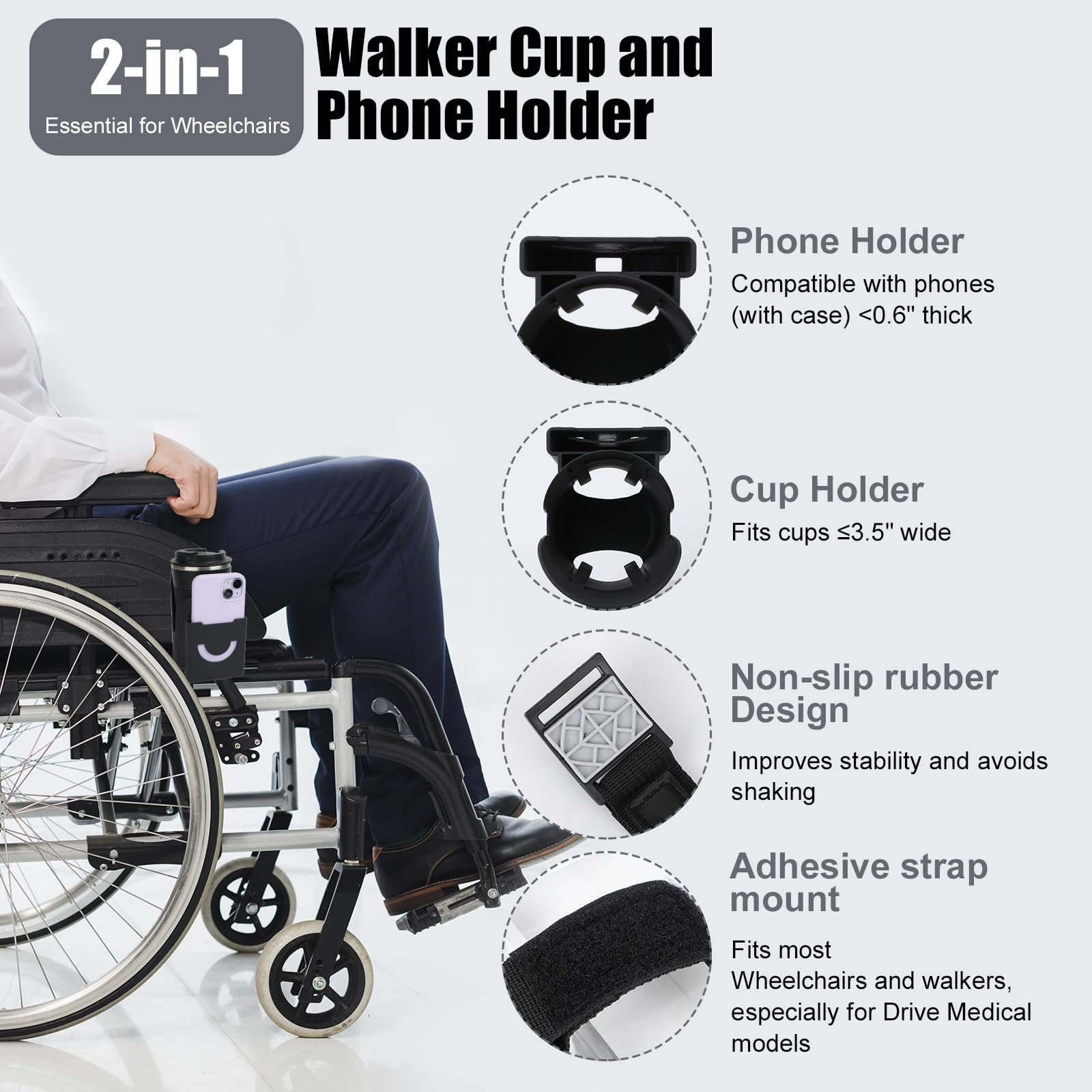Drive Medical Nitro Wheelchair Cup Holder - 2-in-1 Adjustable Strap-On Drink & Phone Holder for Wheelchairs, Walkers & Rollators - Durable Black Accessory for Seniors & Mobility Devices (Perfect for Outdoor Activities & Daily Use)