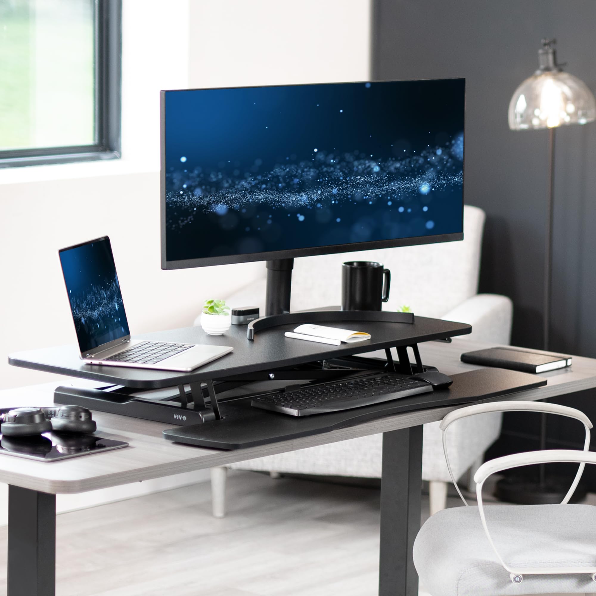 VIVO K Series 42 Inch Height Adjustable Sit Stand Desk Converter - Dual Monitor & Laptop Workstation with Wide Keyboard Tray (Black, DESK-V042KB) - Perfect for Home Office, Gaming Setup & Ergonomic Workspace