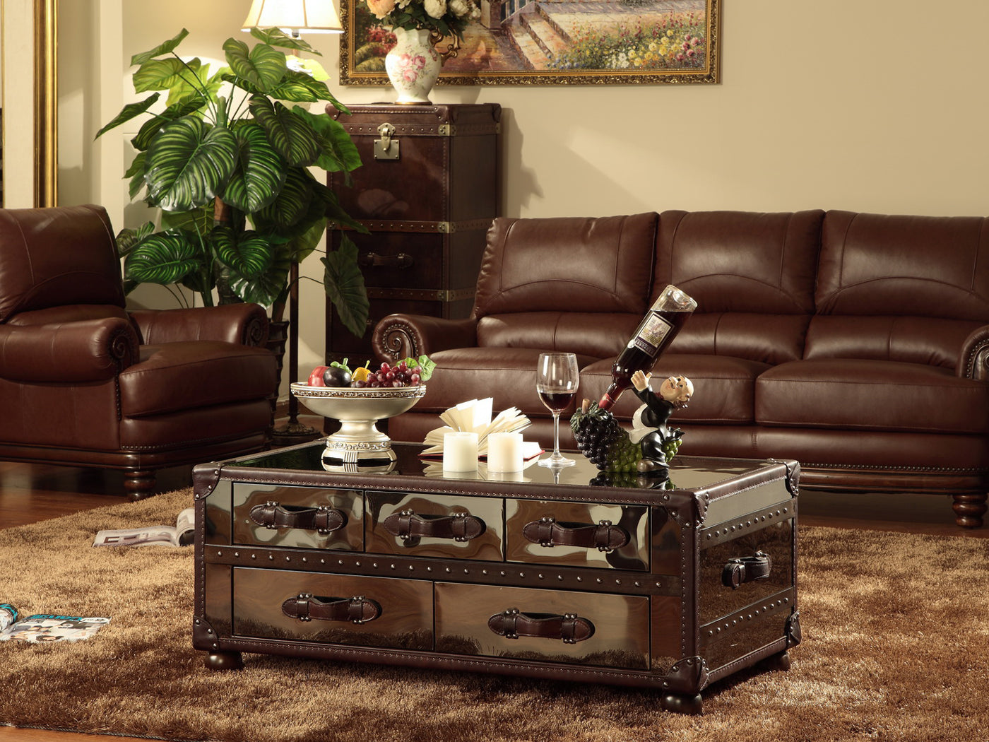 Handmade Genuine Leather Solid Wood Coffee Table - Stylish & Durable for Living Room, Lounge, or Office Decor
