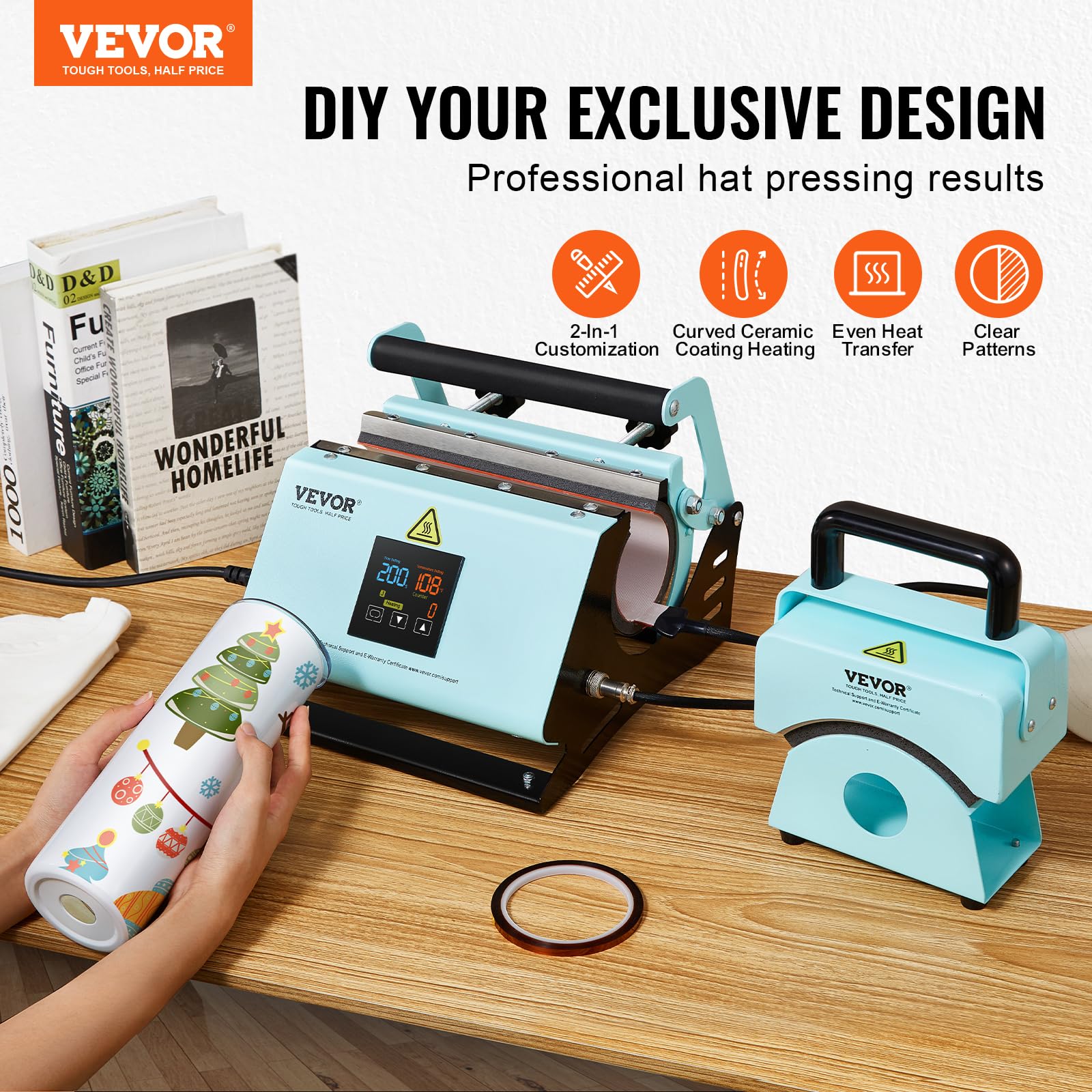 VEVOR 2-in-1 Tumbler & Hat Heat Press Machine for Sublimation - Digital Temperature Control for 11-30oz Mugs & Caps - Perfect for DIY Custom Drinkware & Hat Printing at Home or Small Business