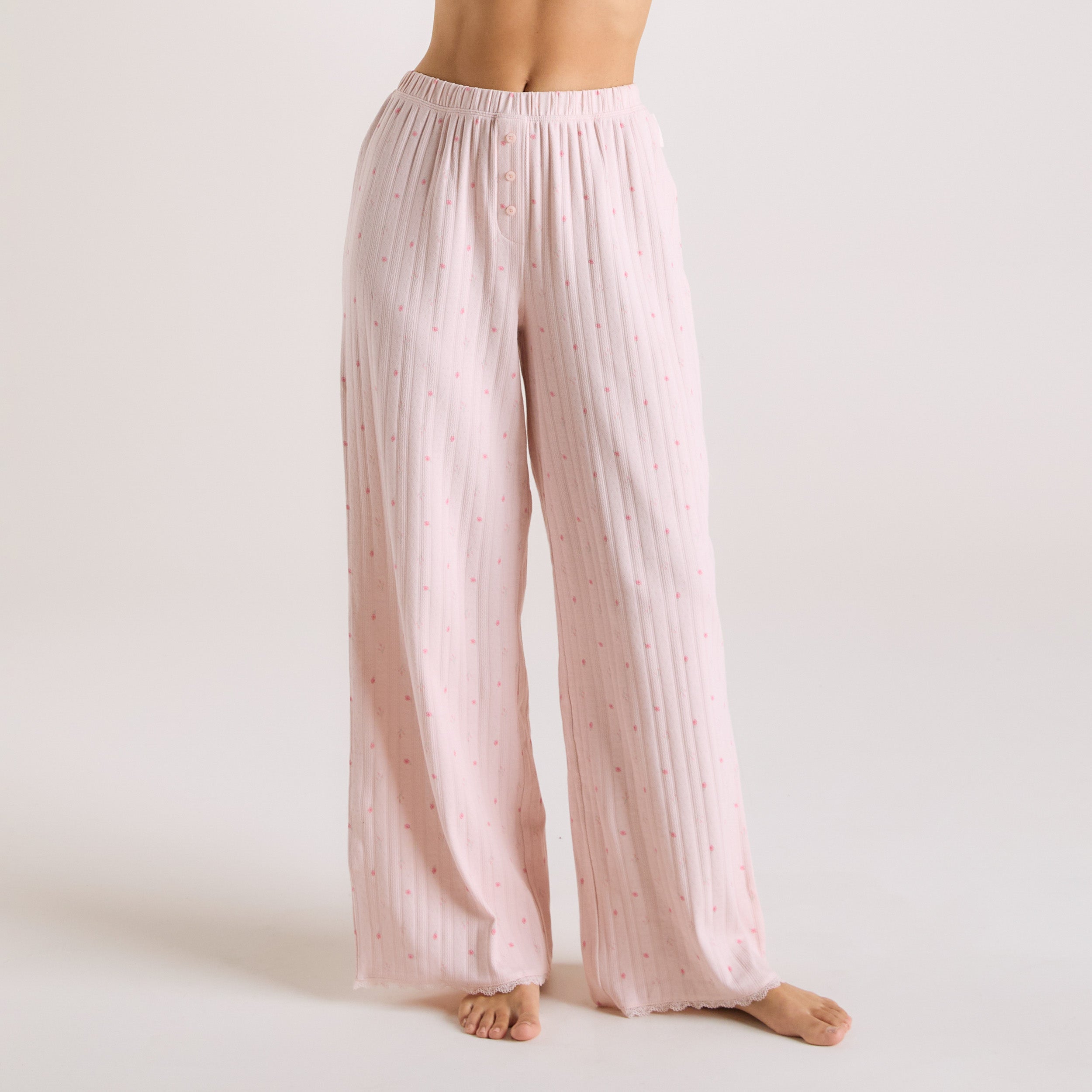 Women's Pink Floral Pointelle Pajama Pants - Soft & Breathable Sleepwear for Cozy Nights & Relaxing at Home