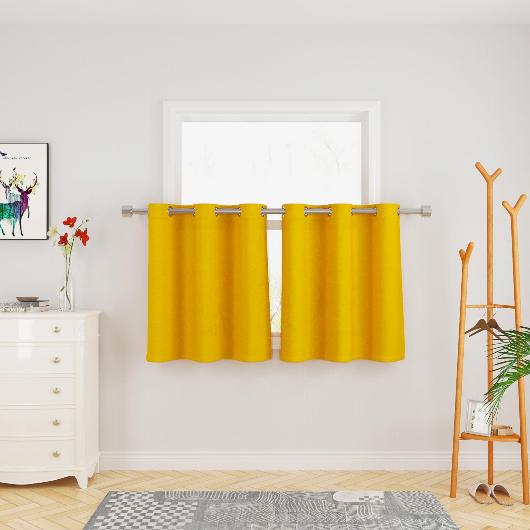 UPOPO Yellow Kitchen Curtains - 30 Inch Linen Textured Tiered Cafe Curtains with Grommet Top (Set of 2 Panels) - Perfect for Sink, Bathroom, Cabinet, Caravan & Small Basement Windows - Adds Privacy & Style to Your Home Decor