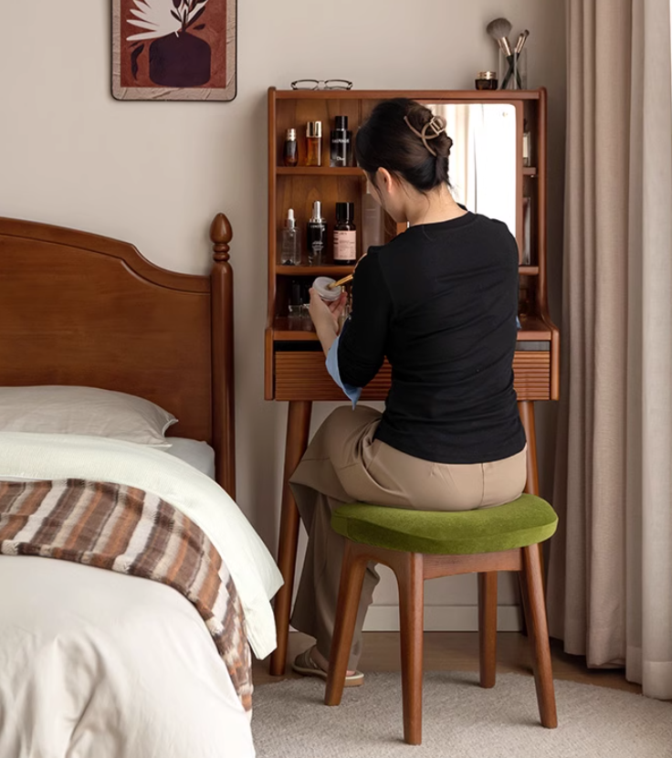 Solid Oak & Cherry Wood Makeup Stool - Natural Wood Vanity Seat with Storage for Bedroom, Bathroom & Dressing Room