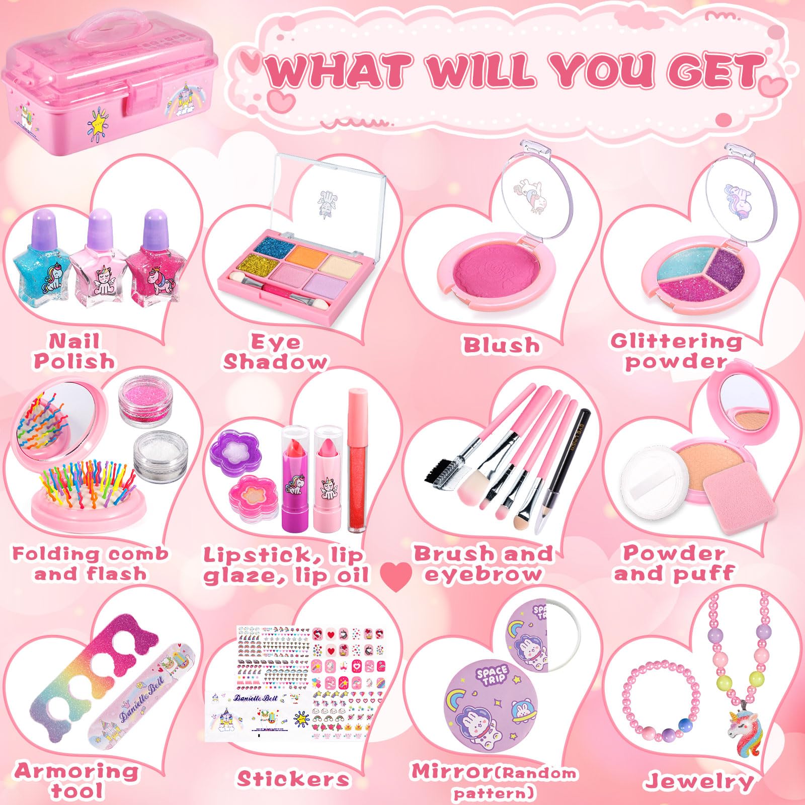 Kids Makeup Kit - 35 Pcs Washable Cosmetics for Girls, Non-Toxic Princess Beauty Gift for Ages 3-10+ | Dress-Up & Pretend Play