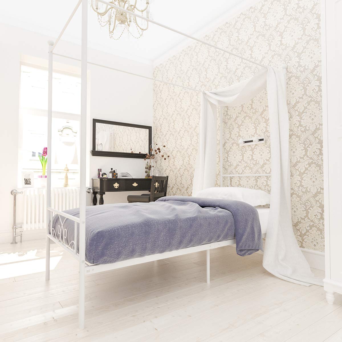 Weehom Twin Canopy Bed Frame with Headboard and Footboard - 4 Poster Metal Bed Frame for Kids & Adults - No Box Spring Needed - Sturdy Mattress Foundation Platform Bed in White - Perfect for Bedrooms, Guest Rooms & Dorm Decor