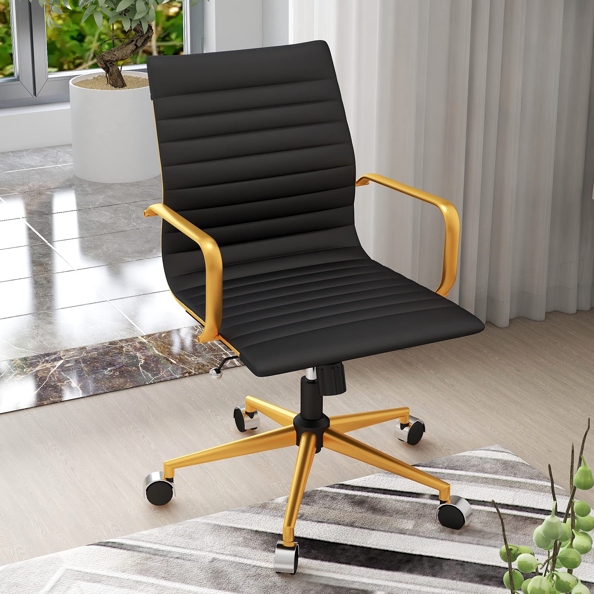 Premium Black & Gold Office Chair - Modern Leather Desk Chair with Arms, Wheels & Swivel - Ergonomic Home Office Chair for Work, Conference & Reception - Stylish Ribbed Design (3011A-GD-BLACK) - Perfect for Home Offices, Corporate Spaces & Executive Meetings