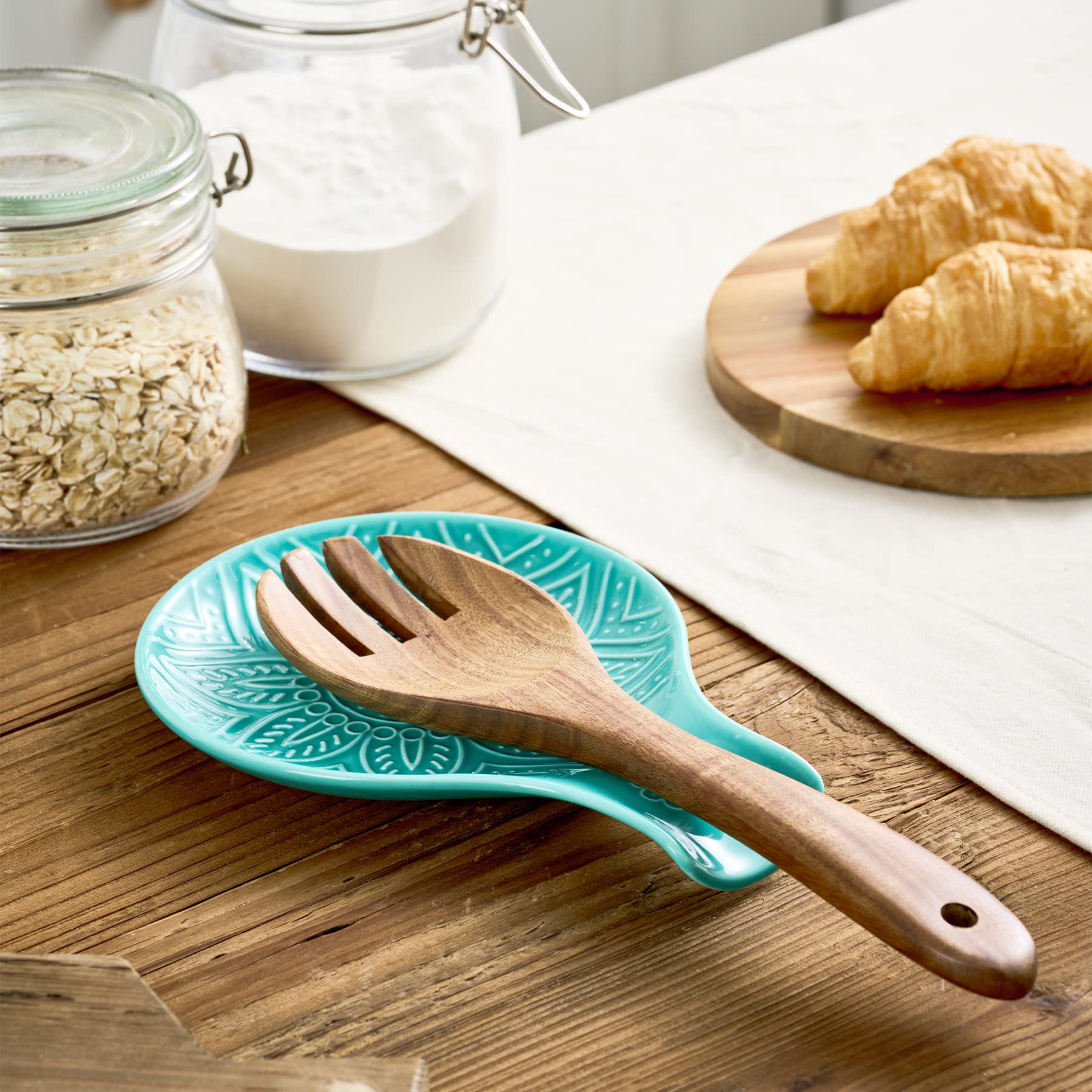 7.48 Inch Ceramic Spoon Rest - Heat Resistant Kitchen Counter Utensil Holder | Turquoise Dishwasher Safe Spoon Stand | Perfect for Cooking, Serving & Countertop Organization