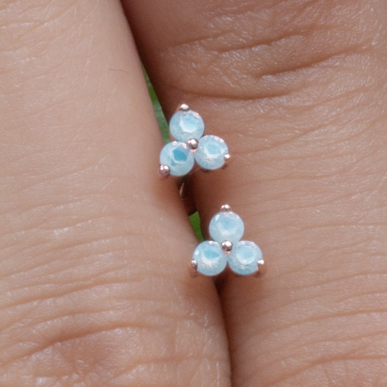 14k White Gold Blue Opal Trinity Cluster Stud Earrings – Elegant Flat Back Design for Women, Perfect for Weddings, Parties & Daily Wear