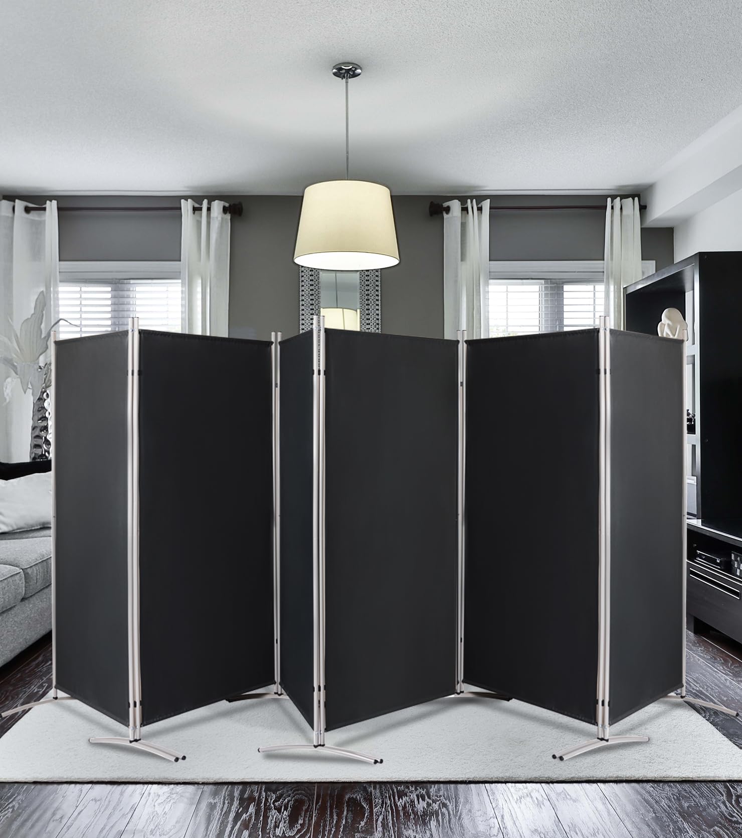 6 FT Tall 6-Panel Woven Room Divider - Double Hinged Freestanding Privacy Screen for Home & Office - Black Folding Partition for Bedroom, Living Room, and Workspace