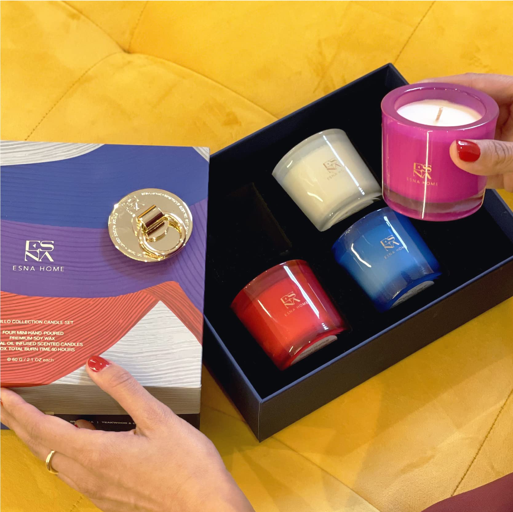 ESNA HOME Luxury Scented Candles Gift Set - Sandalwood & Mango Mimosa with 4 Votive Candles | Natural Soy Wax in Glass Jar | Lavender Essential Oils for Aromatherapy & Stress Relief | Perfect for Home, Living Room Decor, Spa Nights & Romantic Ambiance