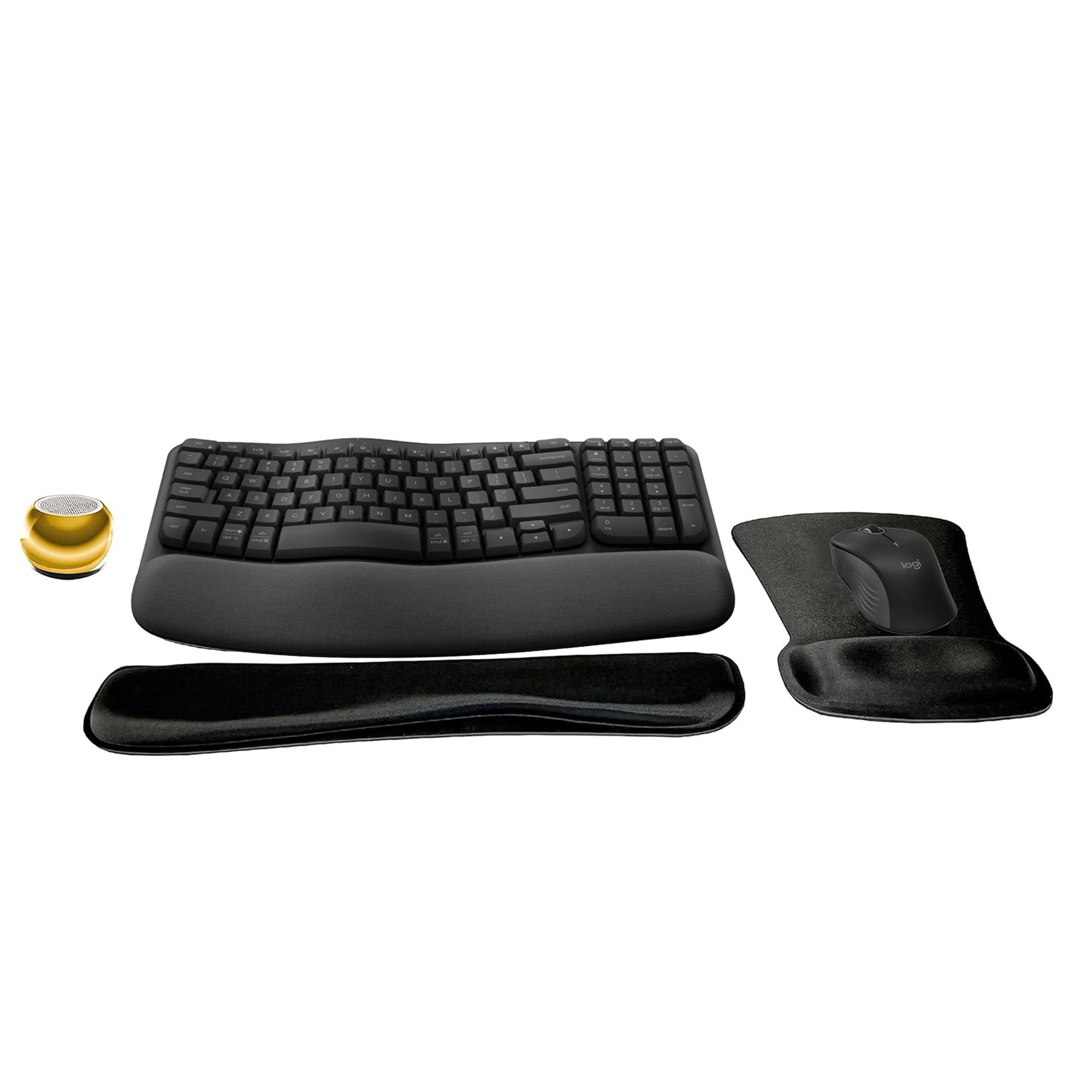 Logitech MK670 Wireless Keyboard and Mouse Combo - Ergonomic Wave Design for Comfort Typing, 2.4GHz Wireless Connection, Home Office Setup with Wrist Rest - Perfect for Remote Work, Gaming & Productivity (Includes Mini Bluetooth Speaker & Gel Mouse Pad)