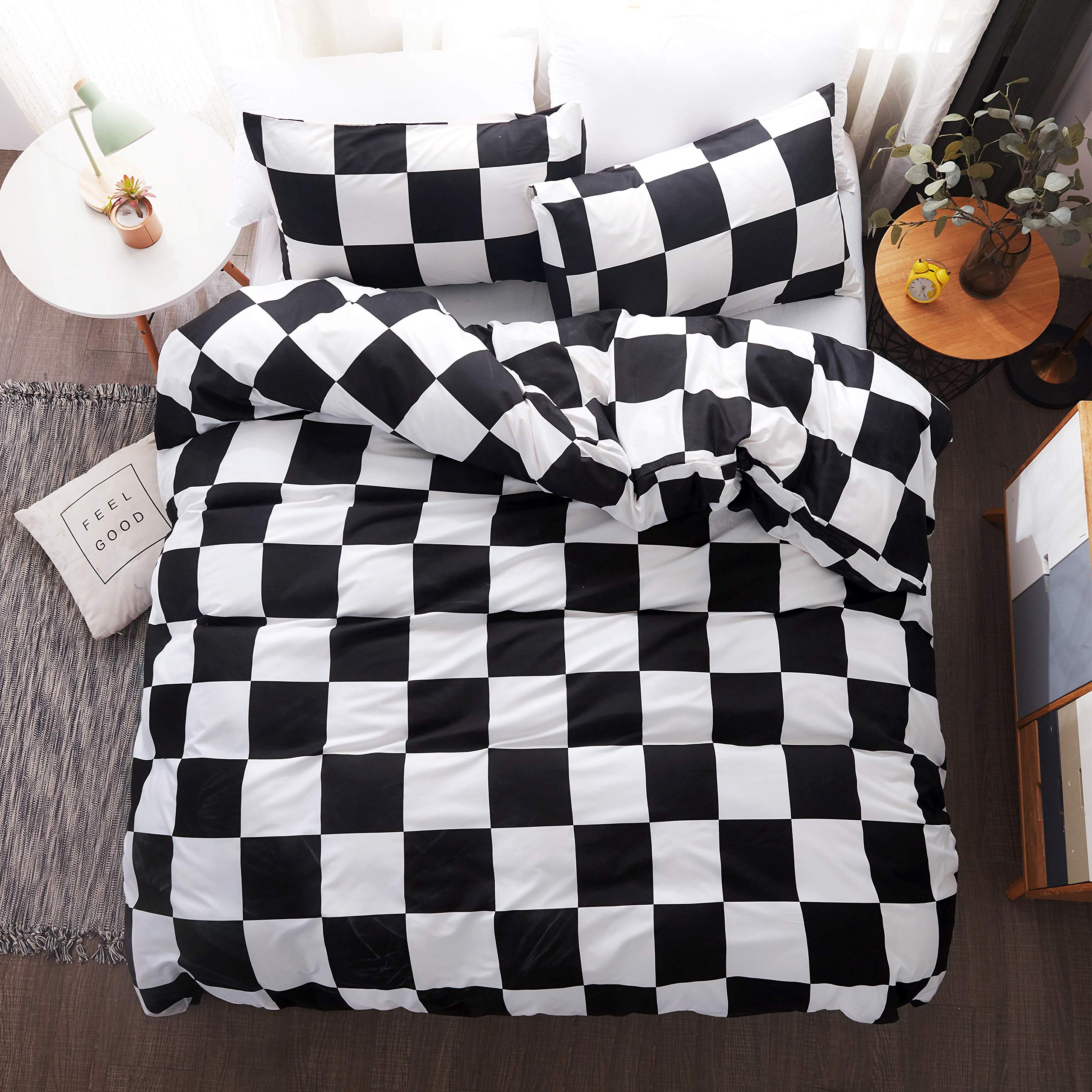 Premium King Size Duvet Cover Set - Luxury Plaid Grid Geometric Checkered Bedding with 1 Duvet Cover & 2 Pillowcases (Black/White) - Soft Hotel Style Comforter Cover for Cozy Bedroom Decor