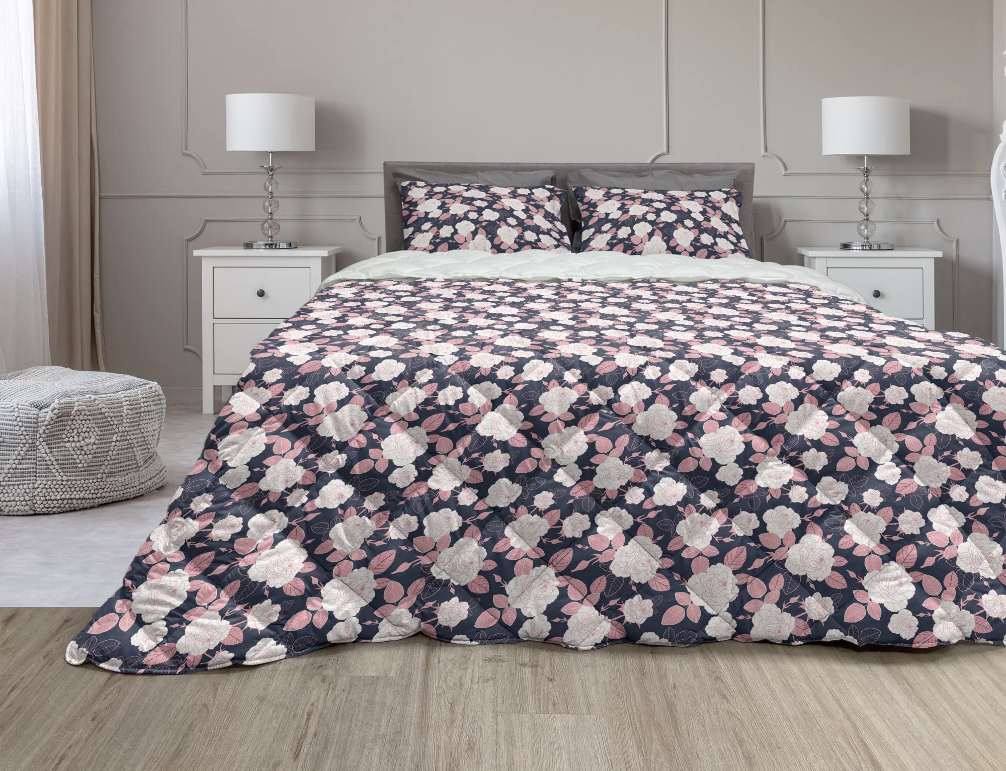 Ambesonne Floral Comforter Set - English Garden Inspired Blooming Roses & Leaves Duvet Cover with Microfiber Filling, TwinXL Size in Pink & Slate Blue | Perfect for Bedroom Decor, Guest Room & Cozy Home Styling