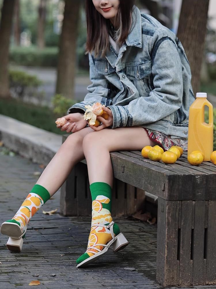 2 Pairs Cute Cartoon Plant & Food Print Cotton Crew Socks for Women & Teens - Soft Comfortable Socks for Casual Wear, Gifts & Everyday Outfits