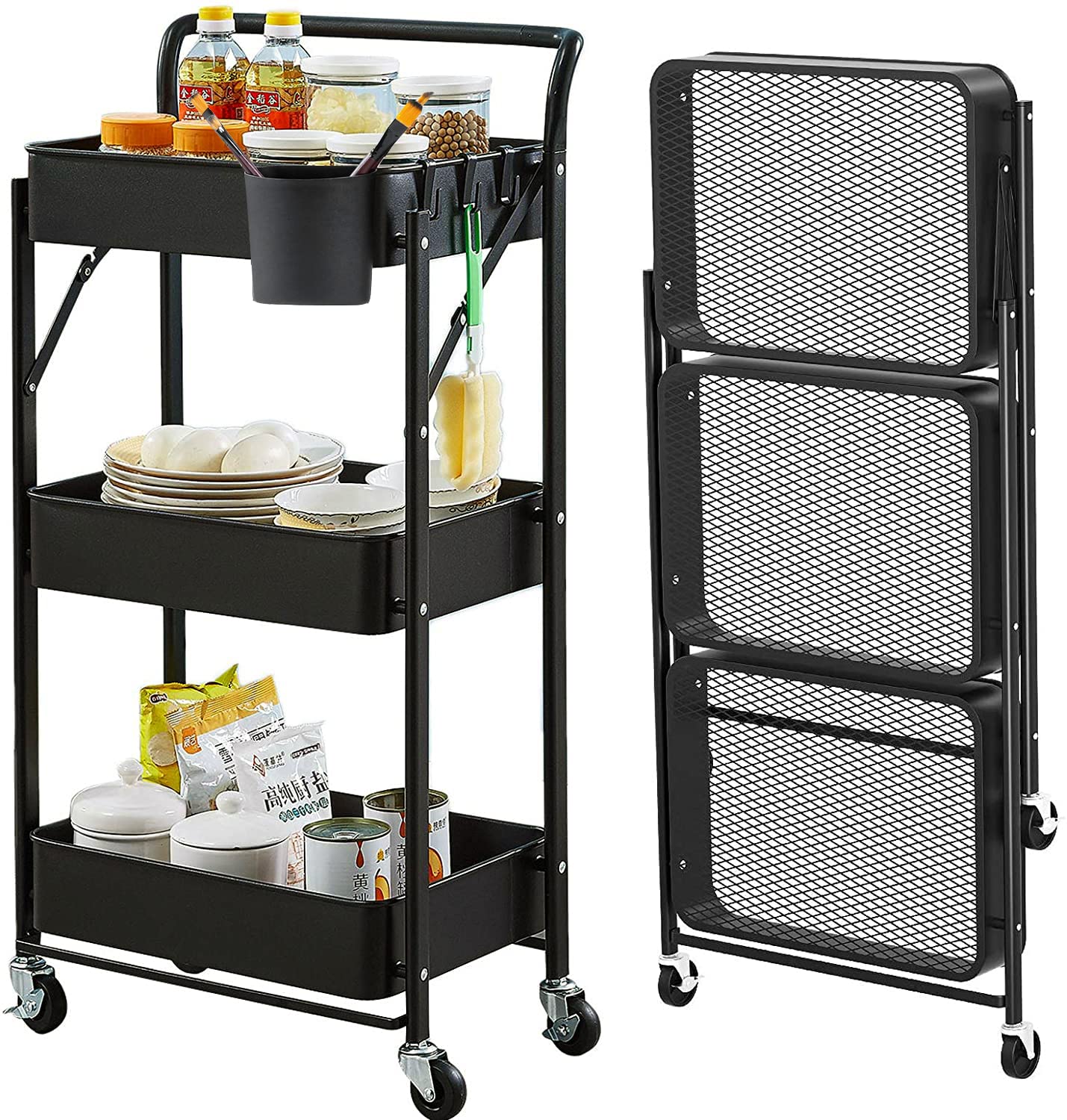 Foldable 3-Tier Rolling Storage Cart with Wheels - No Assembly Required Metal Utility Organizer with Handle & Basket - Perfect for Kitchen, Pantry, Classroom, Office & Home Organization