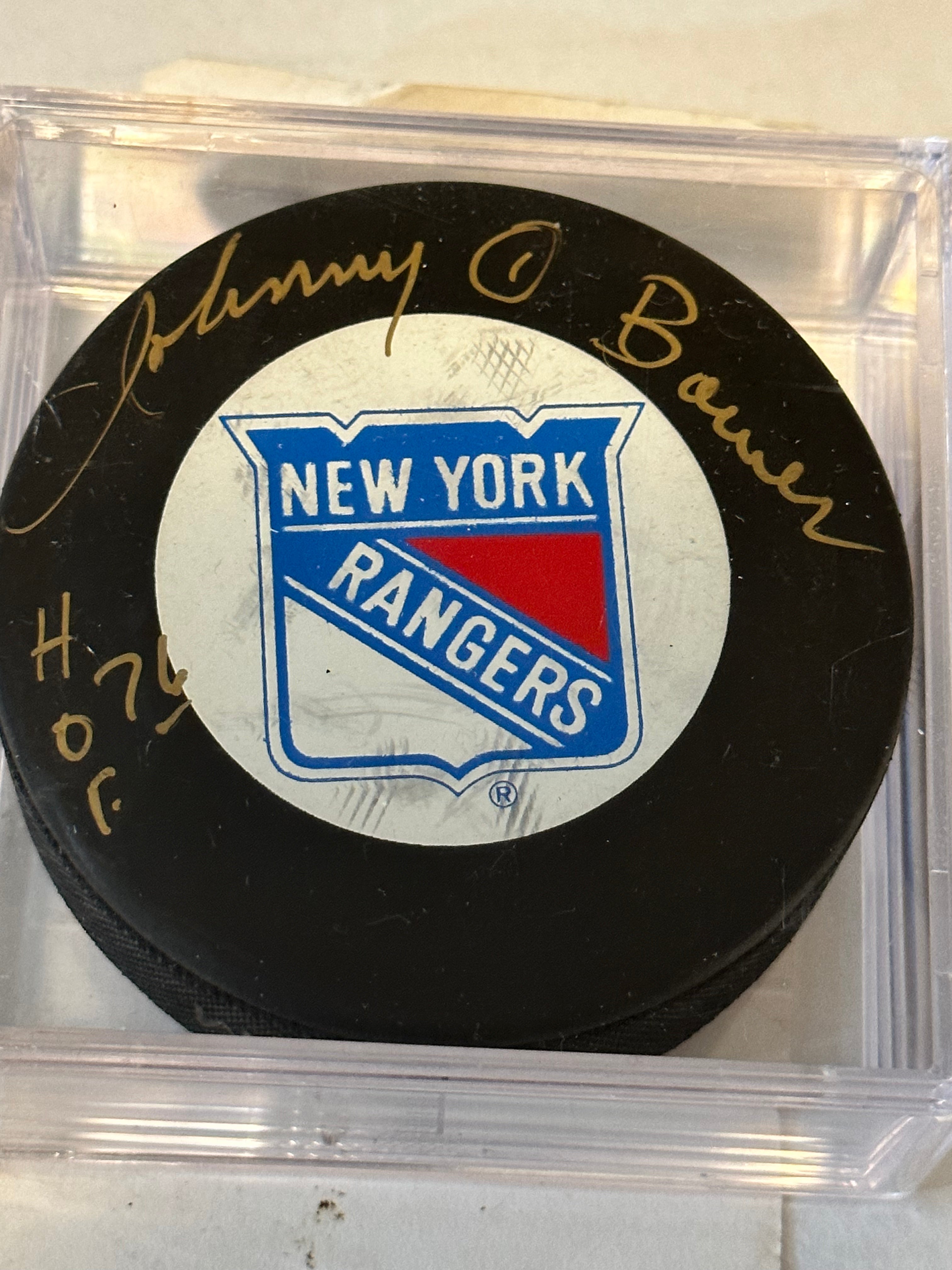 Johnny Bower New York Rangers Autographed Hockey Puck with COA - Collectible NHL Memorabilia for Fans & Sports Enthusiasts - Perfect for Display, Gifts & Home Decor