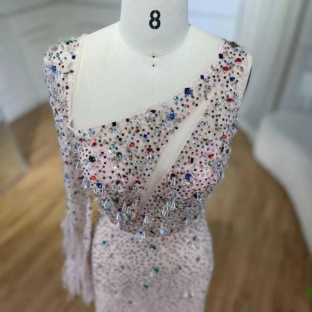 Elegant Pink Mermaid Evening Dress with Crystal Beads & Feather Skirt - Luxury Women's Wedding Party Gown for Prom, Quinceañera & Formal Events 2025 LA72377