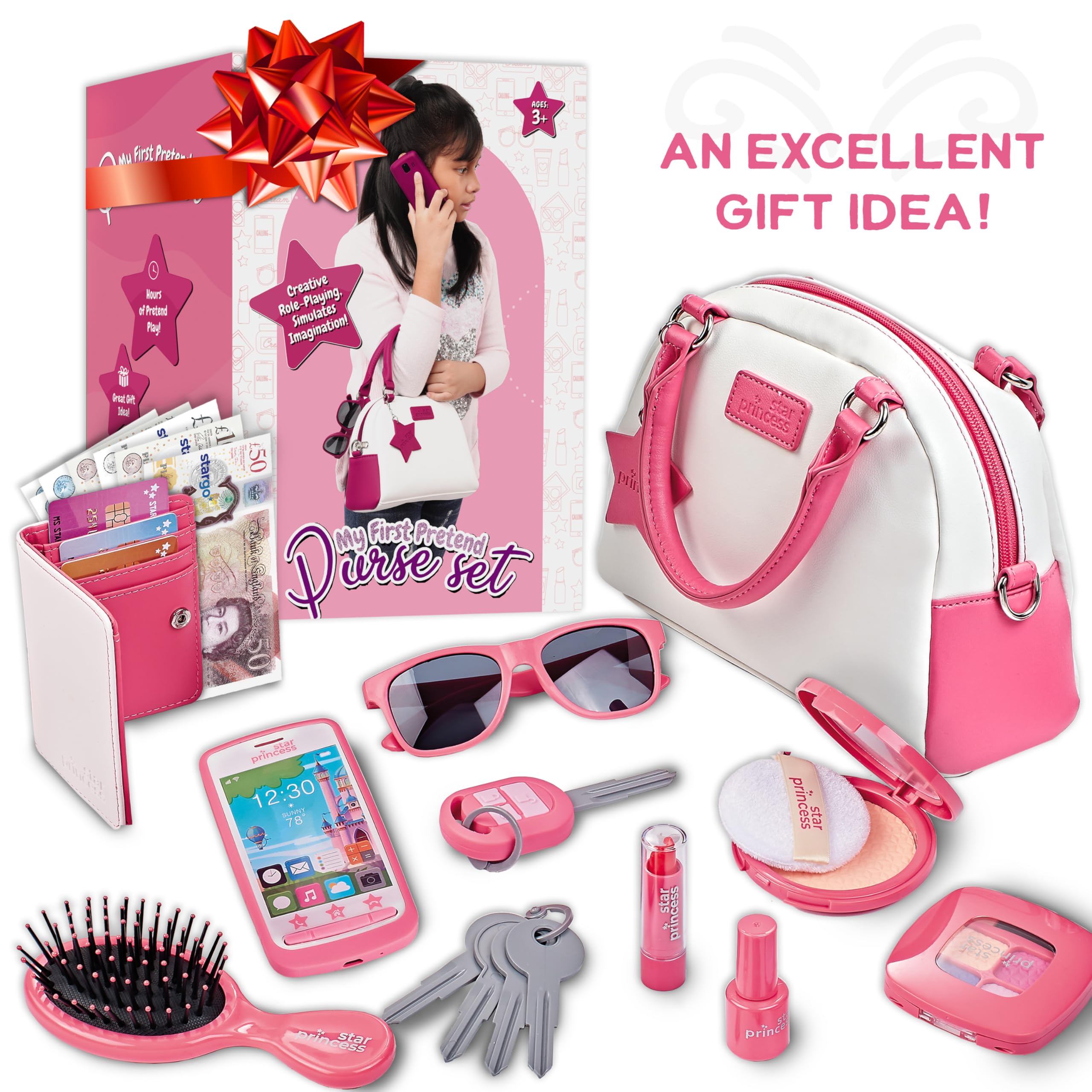 Pretend Play Purse Set for Girls Ages 3-8 - Toy Phone, Wallet, Credit Cards, Keys & Makeup Kit | Role Play Accessories for Toddlers & Little Girls | Perfect for Birthday Gifts, Dress-Up & Imaginative Play
