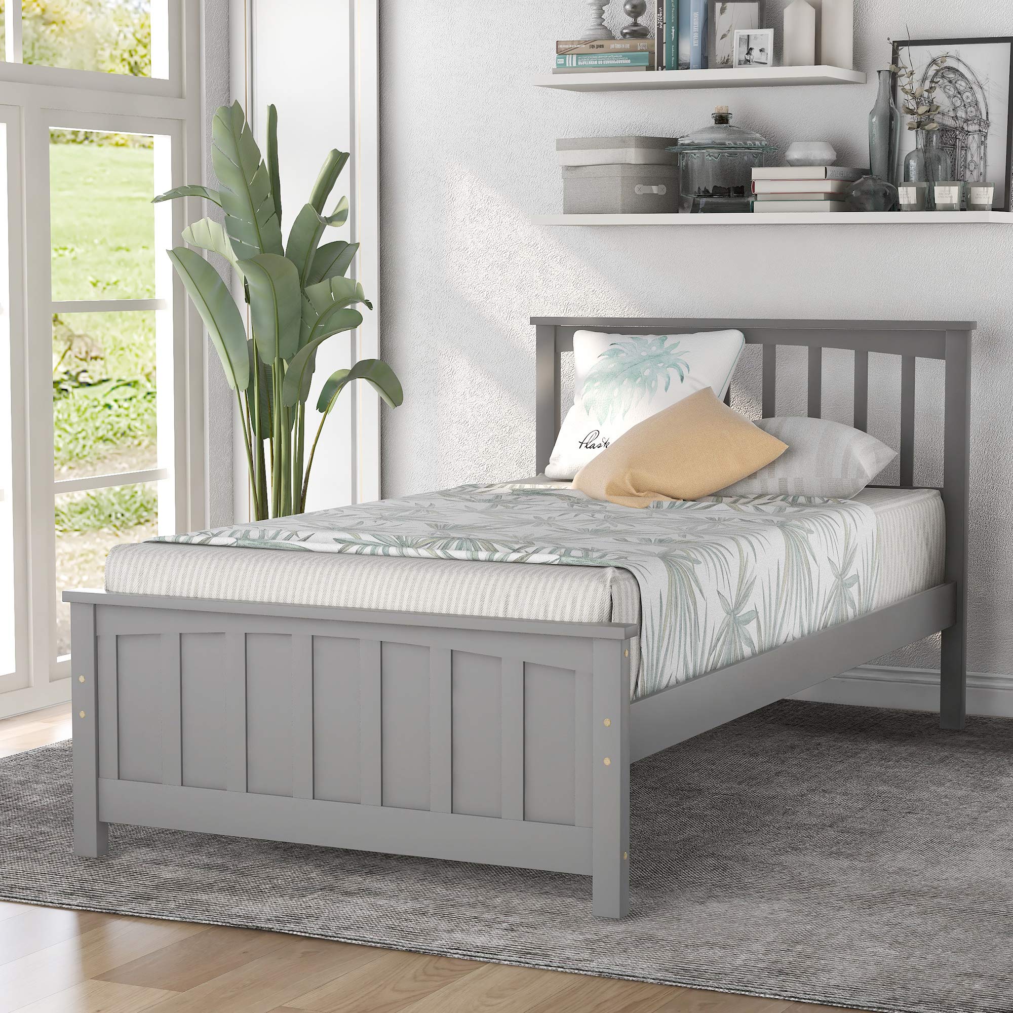 P PURLOVE Twin Size Solid Wood Platform Bed Frame with Headboard - No Box Spring Needed, Slat Support for Stability - Modern Gray Wooden Bed for Small Spaces & Guest Rooms