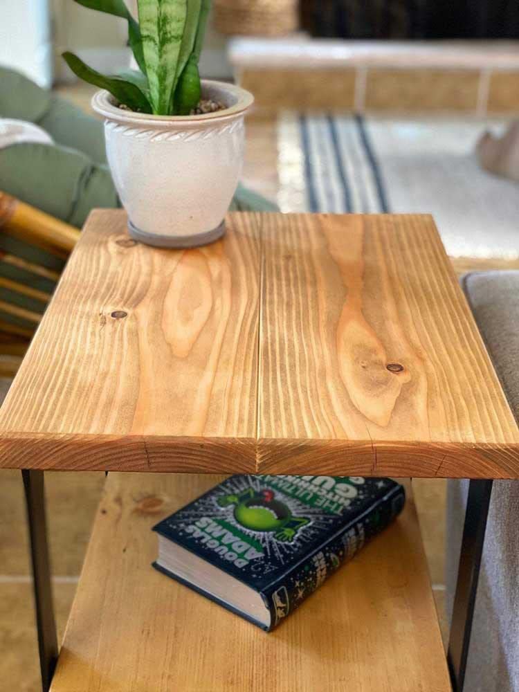 Solid Wood End Table with Shelf & Steel Legs - Rustic Barrel Style Nightstand or Living Room Side Table for Home Decor